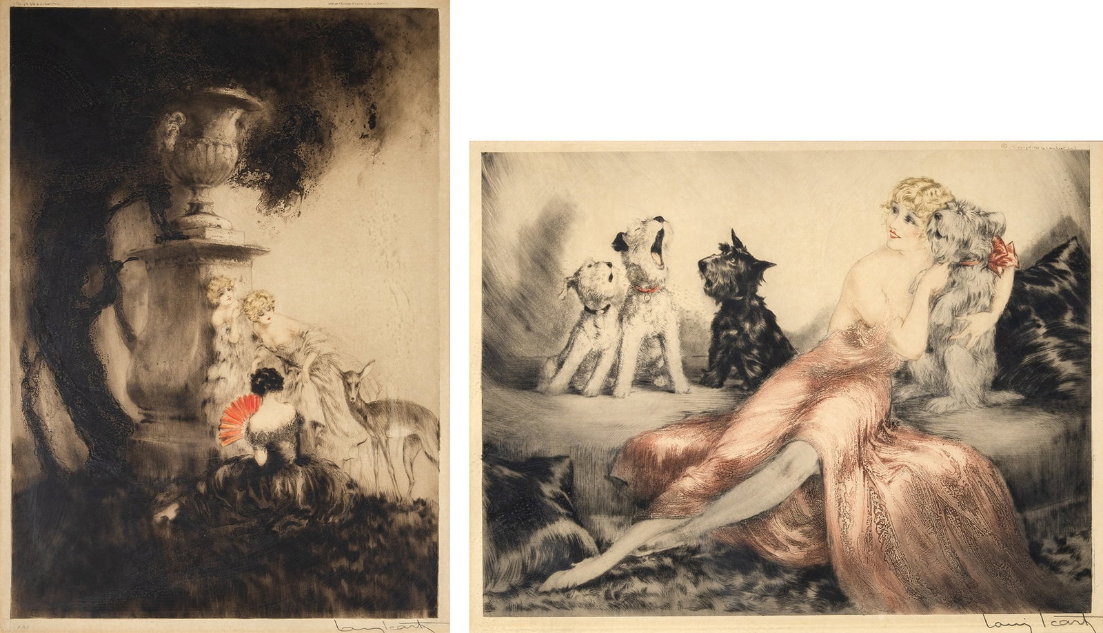 Louis Icart (1888-1950): FOUR DEARS (LA BICHE APPRIVOISEE); PERFECT HARMONY (ACCORD PARFAIT); (HOLLAND/CATANIA/ISEN 272; 417) Two hand-colored color etchings, drypoints and aquatints, 1929 and 1932, respectively, on wove