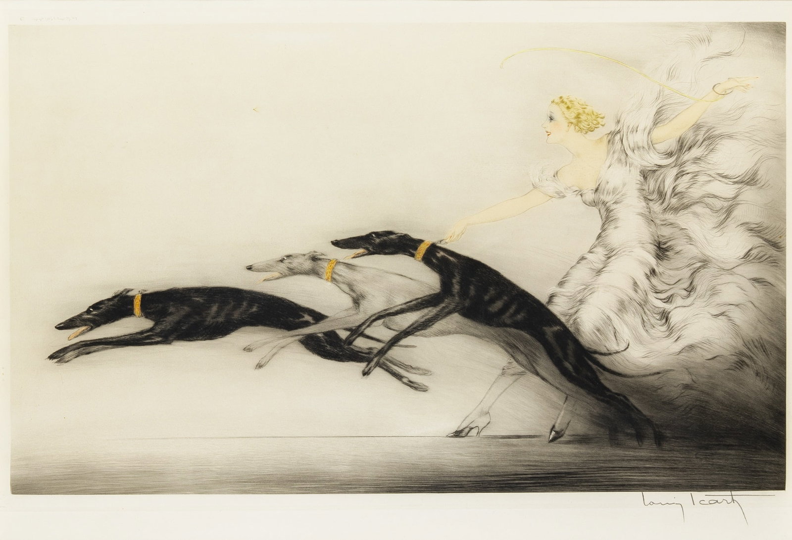 Louis Icart (1888-1950): SPEED (VITESSE) (HOLLAND/CATANIA/ISEN 311) Hand-colored color etching, drypoint and aquatint, 1927, on wove paper, signed in pencil, with the artist's blindstamp, with full margins, framed. Plate 16