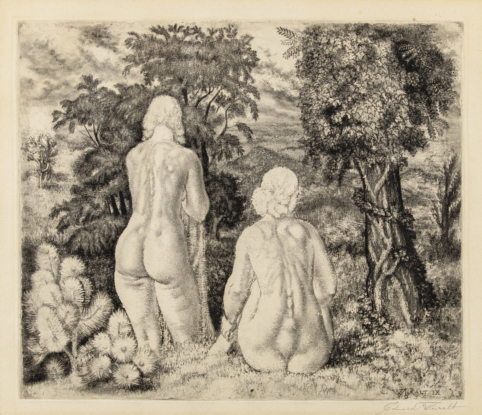 Eduard Wiiralt (1898-1954): AKTID MAASTIKUS (ACTS IN LANDSCAPE) Soft ground etching,1934, on wove paper, signed in pencil, with good margins. Plate 15 1/4 x 18 inches; 38.7 x 45.7 cm Sheet 21 7/8 x 27 3/8 inches; 55.5 x 69.5 cm