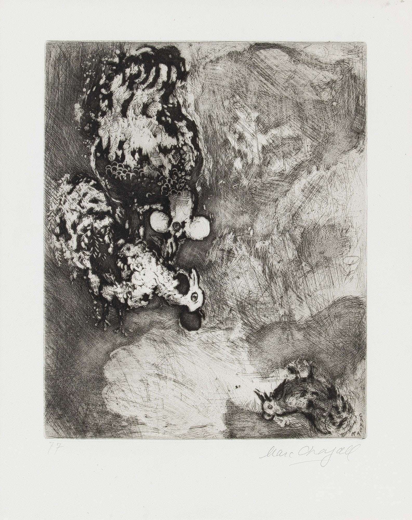 Marc Chagall (1887-1985): LES DEUX COQS Etching, 1927-30, on wove paper, signed and numbered 77 in pencil, plate 173 from Les Fables de la Fontaine, printed by Maurice Potin, Paris, conceived by Ambroise Vollard, Paris,