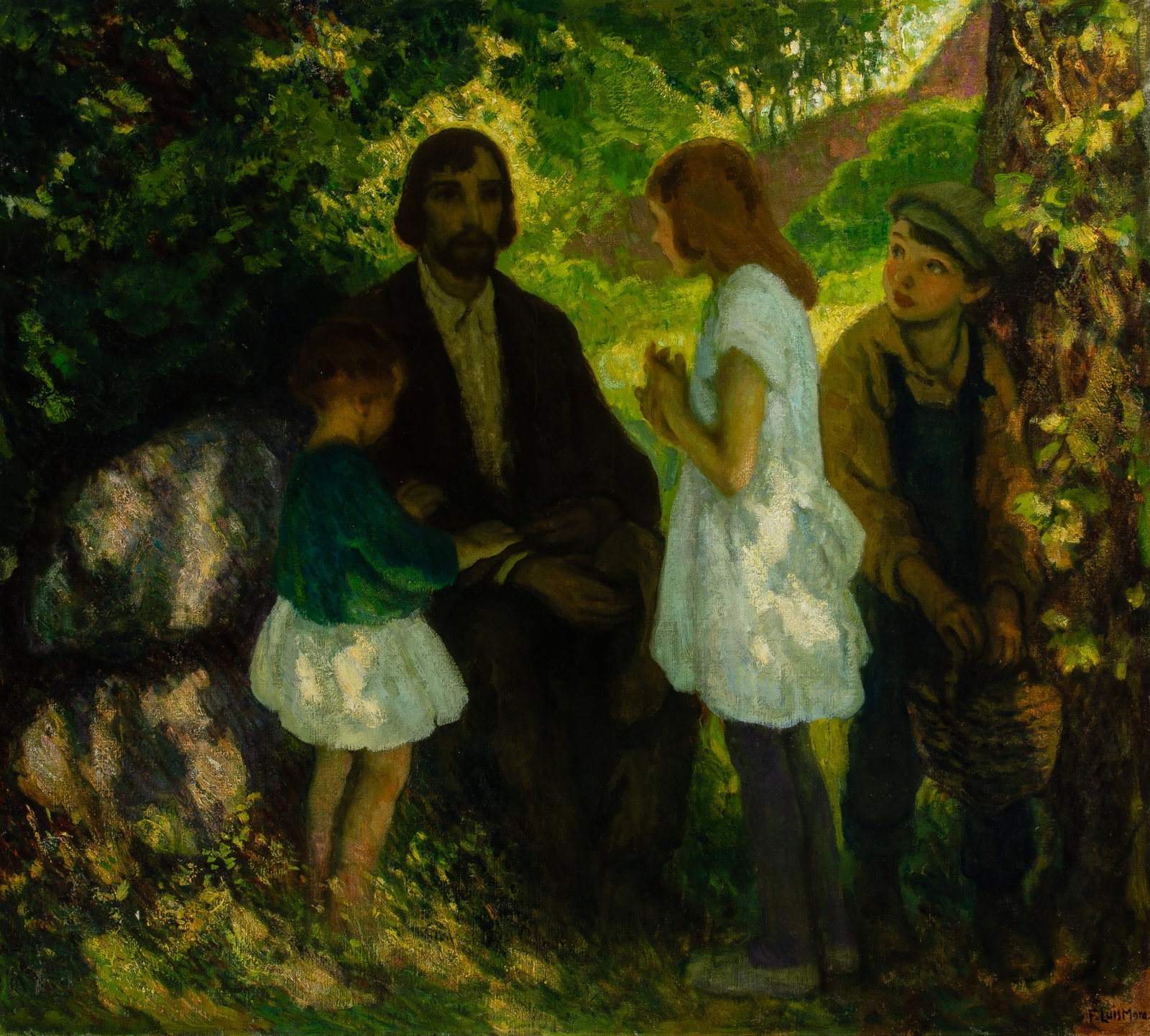 Francis Luis Mora: American, 1874-1940 The Wanderer, A Self Portrait Signed F. Luis Mora. (lr); signed F. Luis Mora. N. A. on the stretcher bar Oil on canvas 36 1/8 x 40 inches (91.8 x 1016 cm) Provenance: Kodner