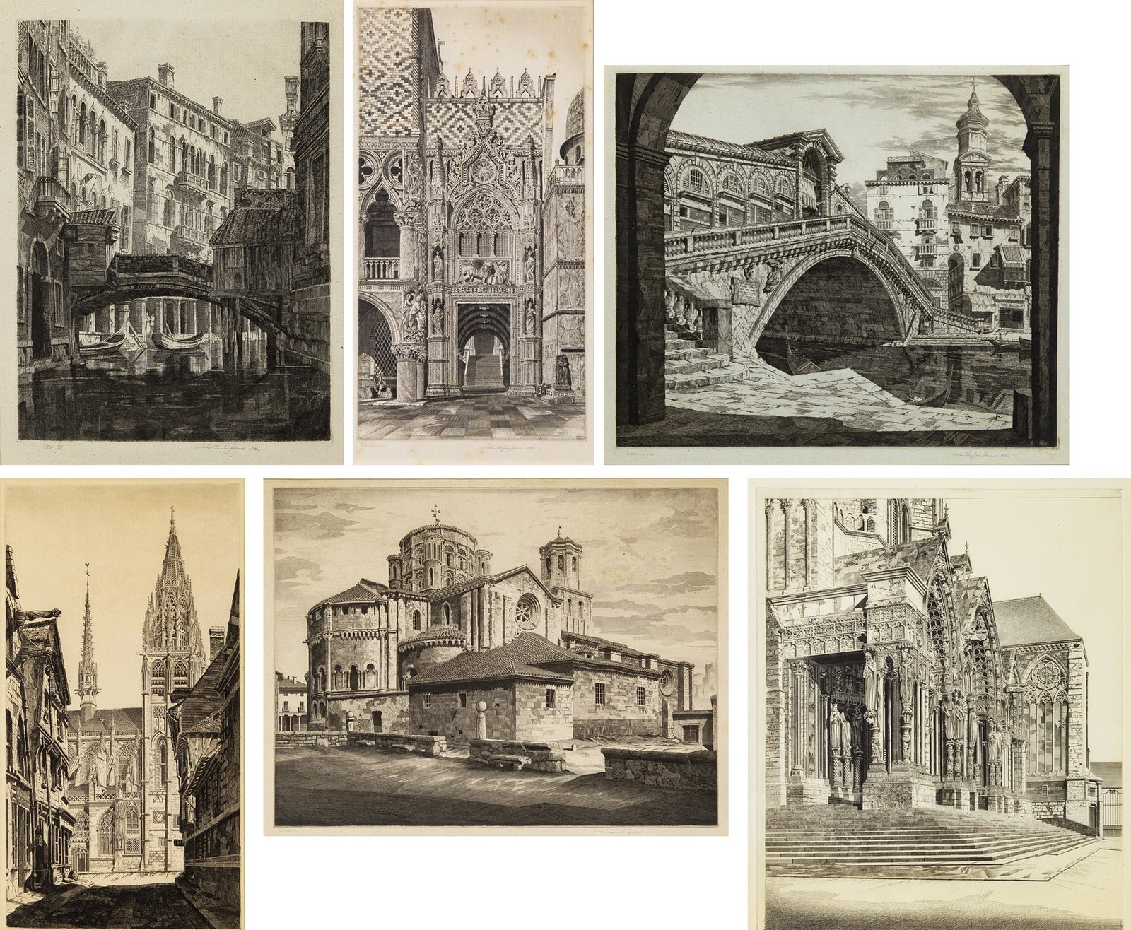 John Taylor Arms (1887-1953): RIO DEI SANTI APOS; THE ENCHANTED DOORWAY, VENEZIA (LA PORTA DELLA CARTA, VENEZIA); SHADOWS OF VENICE (IL PONTE DI RIALTO, VENEZIA); SUNLIGHT ON STONE, CAUDEBEC-EN-CAUX; LA COLEGIATA, TORO; IN