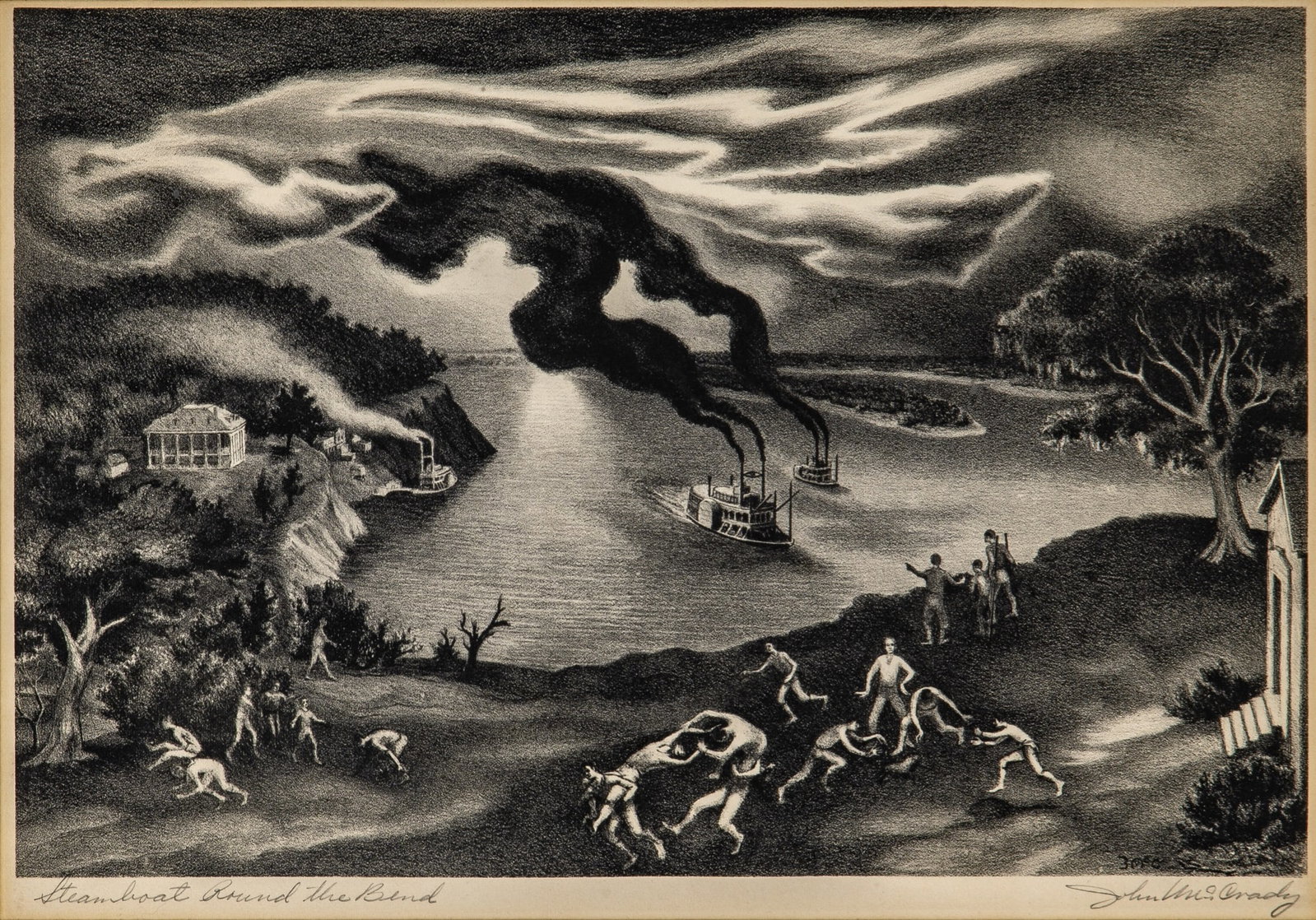 John McCrady (1911-1968): STEAMBOAT AROUND THE BEND Lithograph, 1946, on wove paper, signed and titled in pencil, from the edition of 250, published by Associated American Artists, New York, laid on card, framed. Image 9