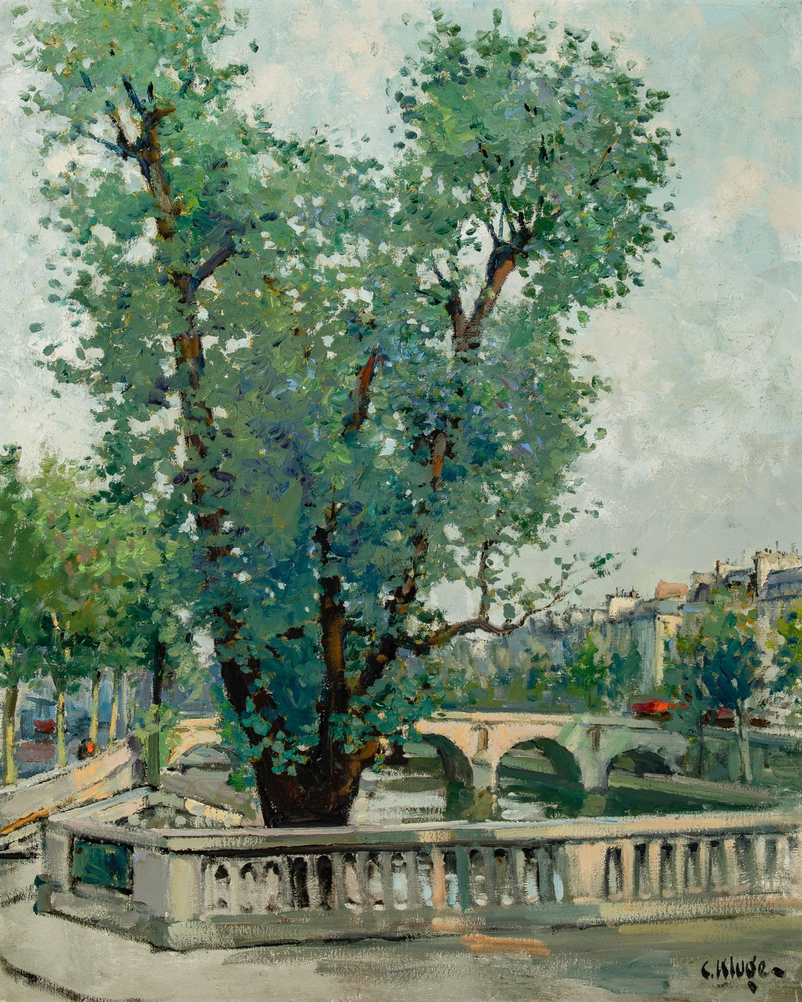 Constantin Kluge: French/Russian, 1912-2003 Le Peuplier et le Pont Marie Signed C. Kluge (lr) Oil on canvas 39 1/2 x 32 1/8 inches (100.3 x 81.6 cm) Provenance: Wally Findlay, New York (Framed 47 1/4 x 39 3/4 inches)