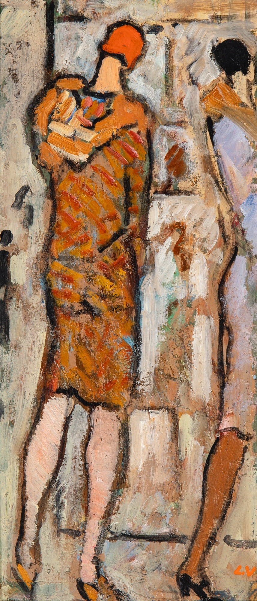 Louis Valtat: French, 1869-1952 Window Shopping Initialed L.V. (lr) Oil on paperboard 13 x 6 inches (33 x 15.2 cm) Provenance: Private collection, New York (Framed: 17 5/8 x 10 5/8 x 1 5/8 inches)
