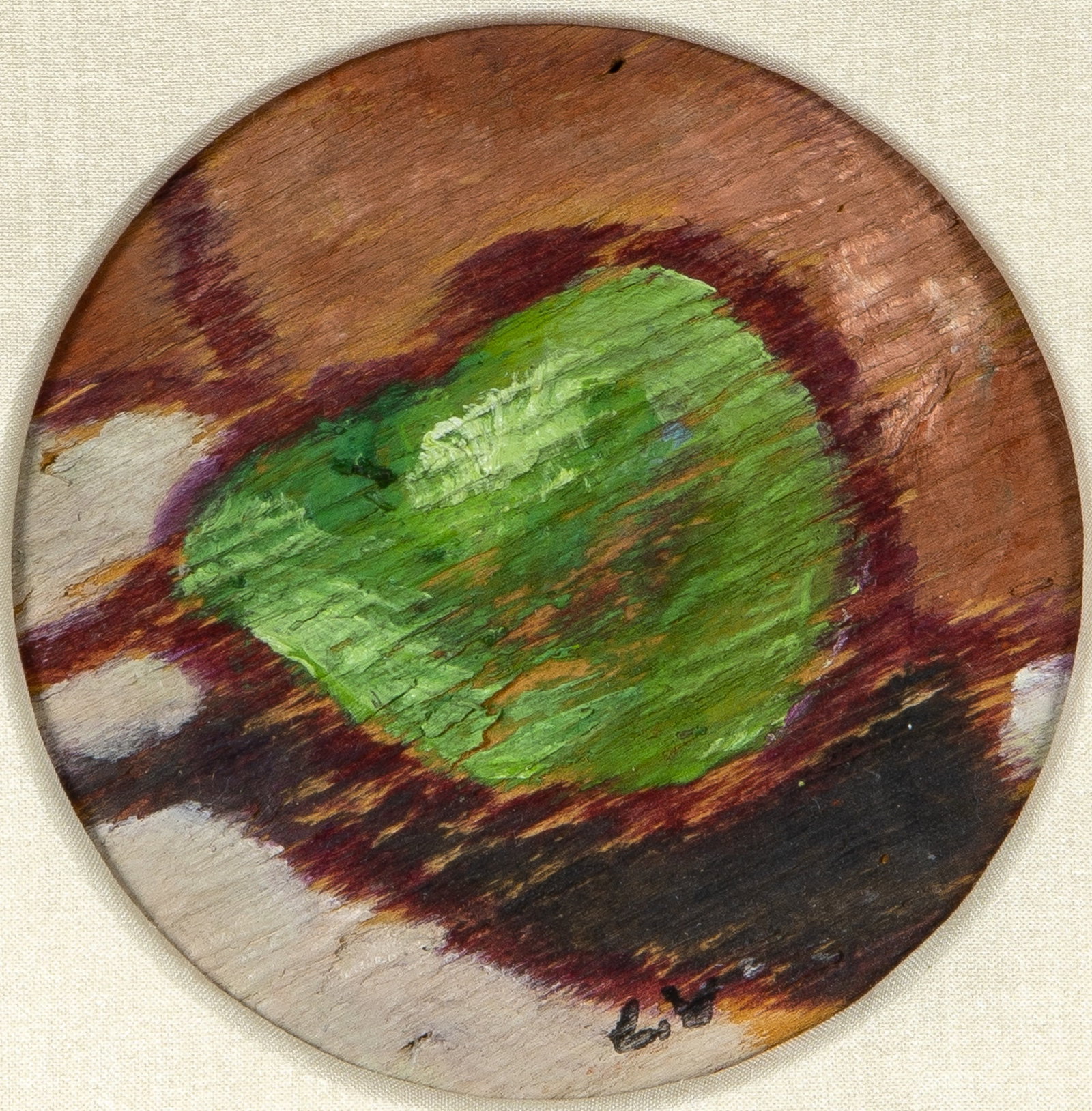 Louis Valtat: French, 1869-1952 Pear Stamped with initials L.V. (lr) Oil on wood (tondo) 4 1/4 x 4 1/4 inches (10.8 x 10.8 cm) Provenance: Private collection, New York (Framed: 10 x 10 x 1 3/4 inches)