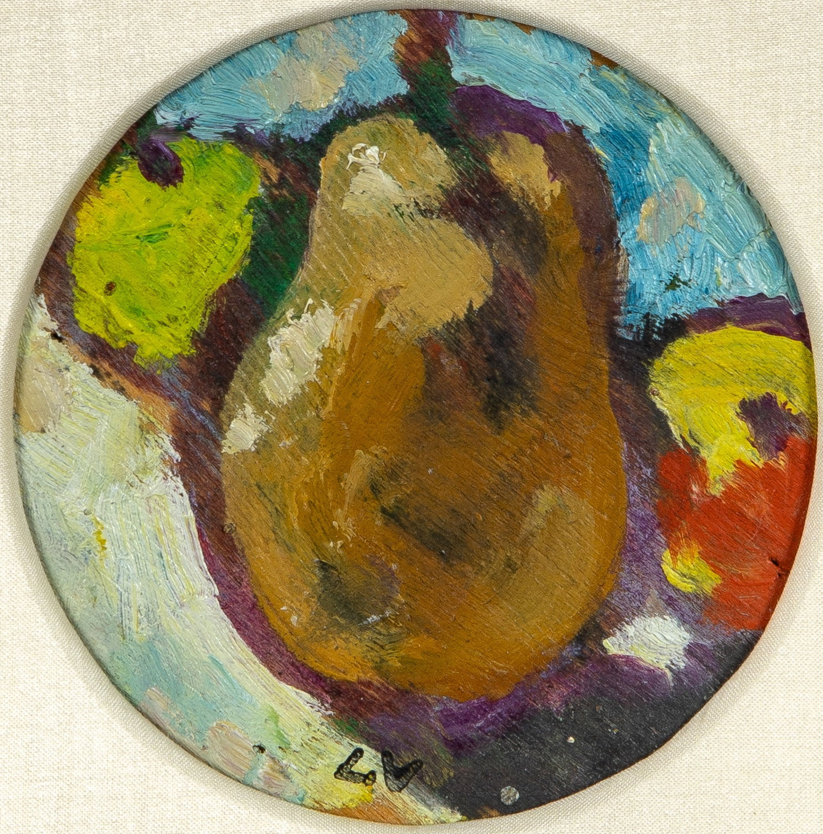 Louis Valtat: French, 1869-1952 Pear and Apples Stamped with initials L.V. (lc) Oil on wood (tondo) 4 1/4 x 4 1/4 inches (10.8 x 10.8 cm) Provenance: Private collection, New York (Framed: 10 x 10 x 1 3/4 inches)