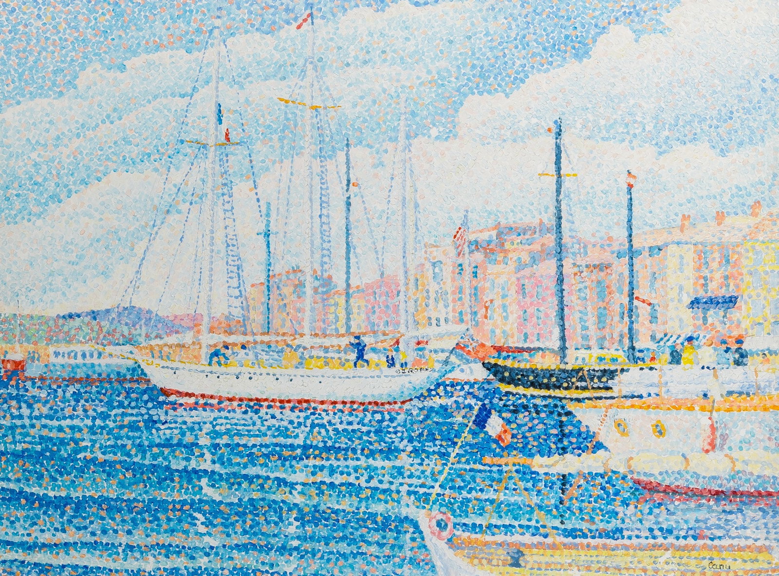 Yvonne Canu: French, 1921-2007 St. Tropez, le 3 Mats Signed Canu (lr); signed Y. Canu, numbered 1072, and inscribed as titled on the reverse Oil on canvas 18 1/4 x 24 inches (46.3 x 61 cm) Provenance: Wally