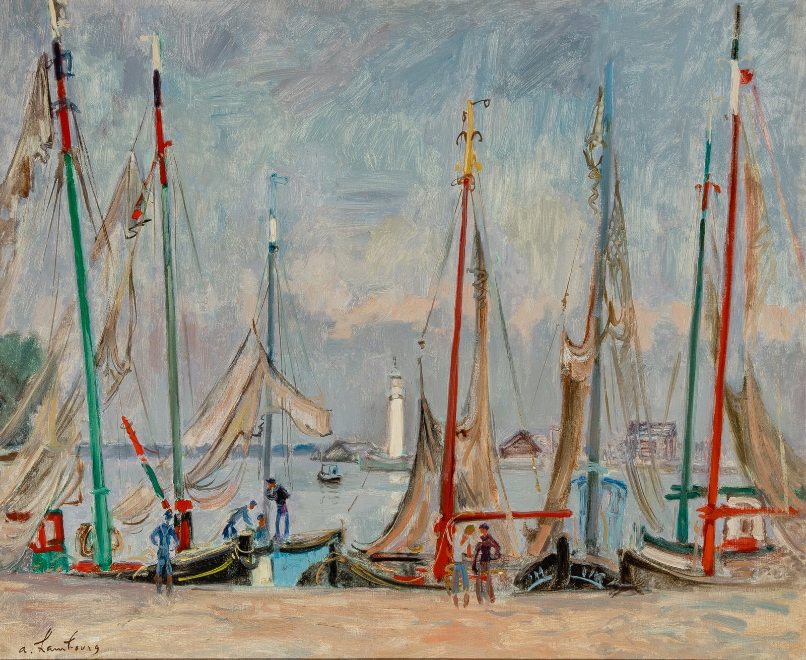 Andre Hambourg: French, 1909-1999 Les barques à Honfleur Signed a. hambourg (ll); also signed and inscribed with title on the upper stretcher bar Oil on canvas 21 3/8 x 25 3/4 inches (54.3 x 65.5 cm) (Frame 30