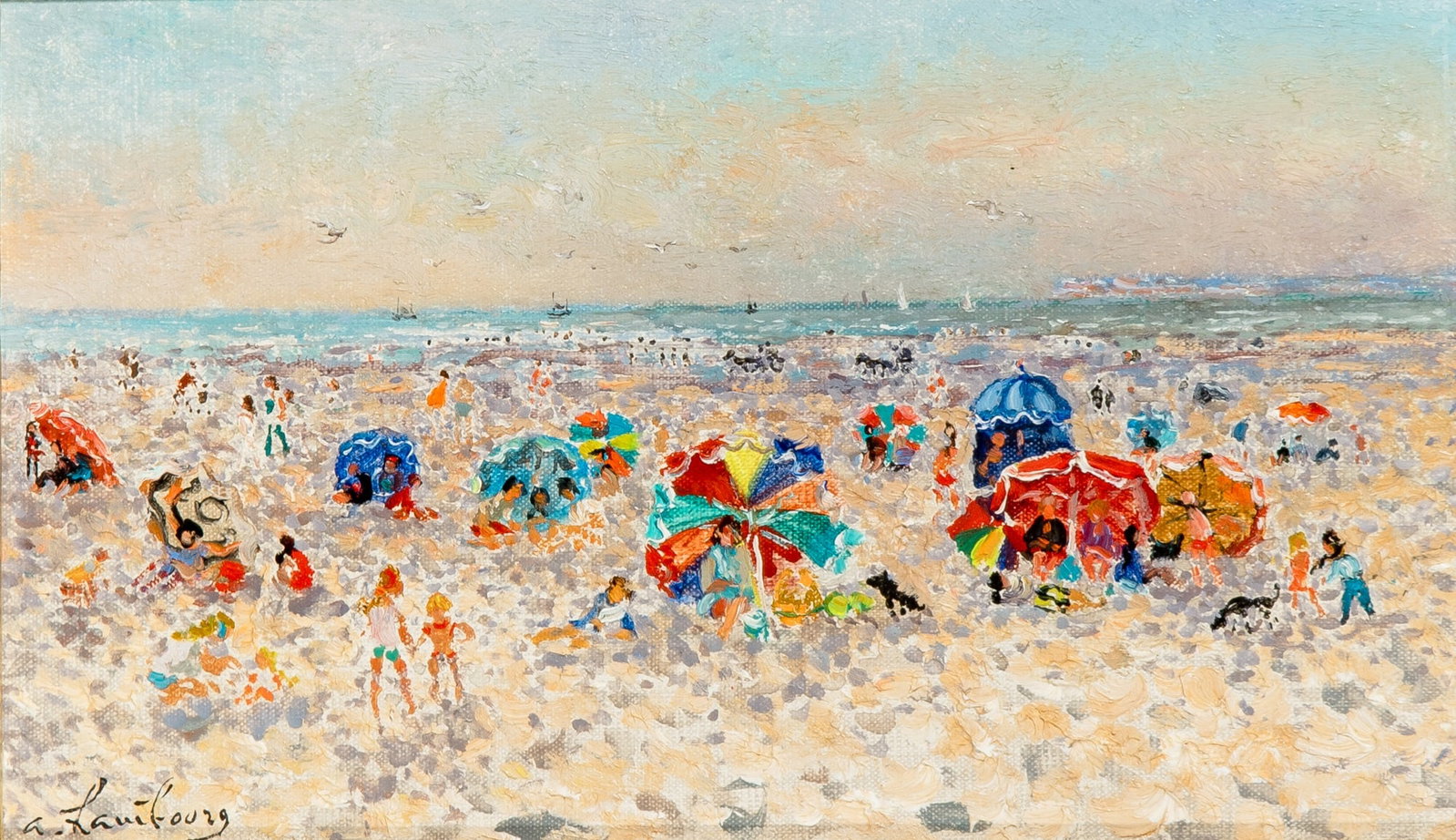 Andre Hambourg: French, 1909-1999 A Sunny Day at the Beach Signed a. hambourg (ll) Oil on canvas 6 1/2 x 10 1/2 inches (16.5 x 26.7 cm) Provenance: Wally F. Galleries, New York (Frame 14 x 18 1/2 inches)