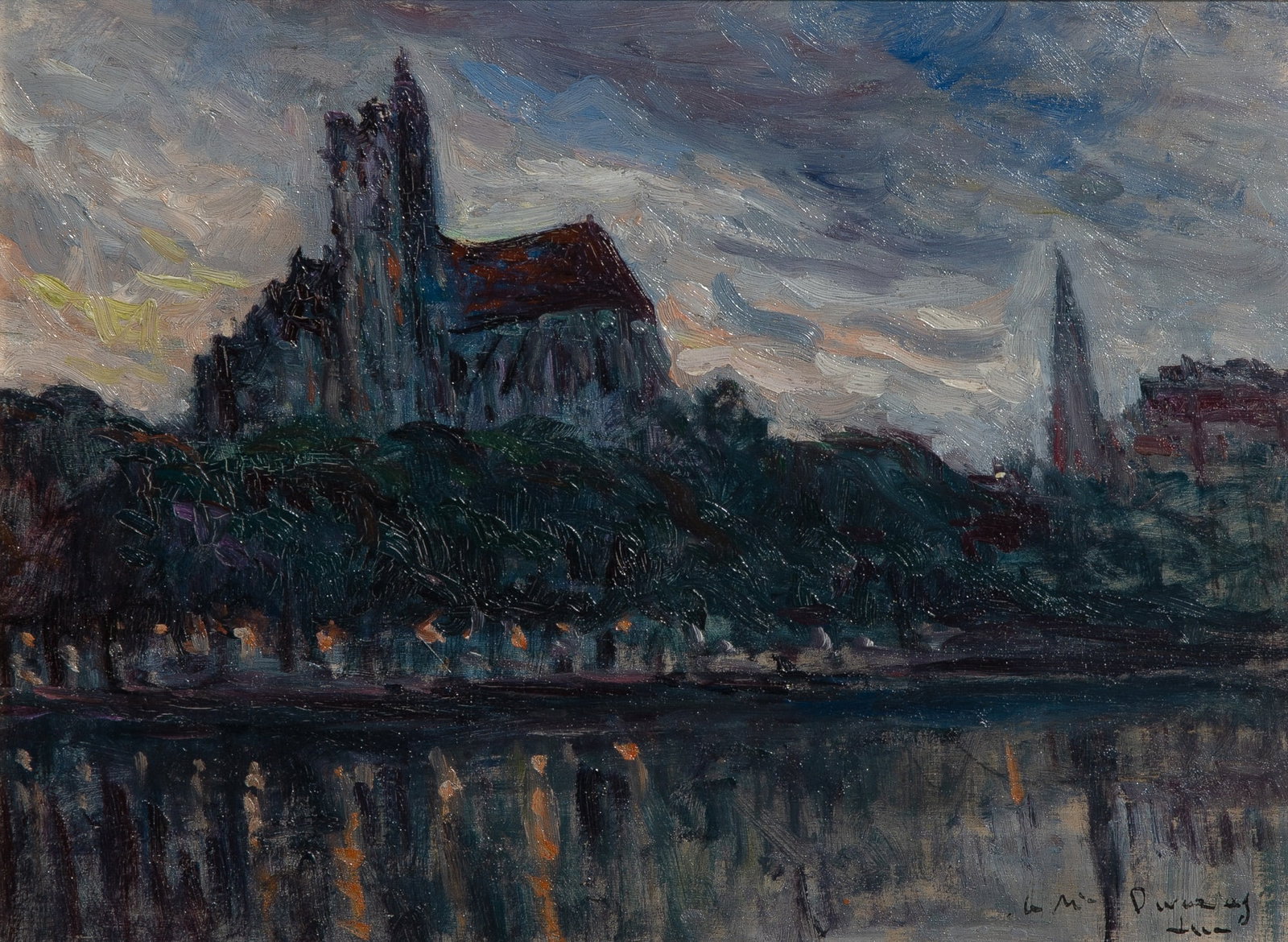 Maximilien Luce: French, 1858-1941 Auxerre, La Cathédrale Signed Luce and inscribed à M: Durazay (?) (lr); also inscribed on the reverse: Années 1925-1928/Cathédrale à Auxerre Oil on panel 10