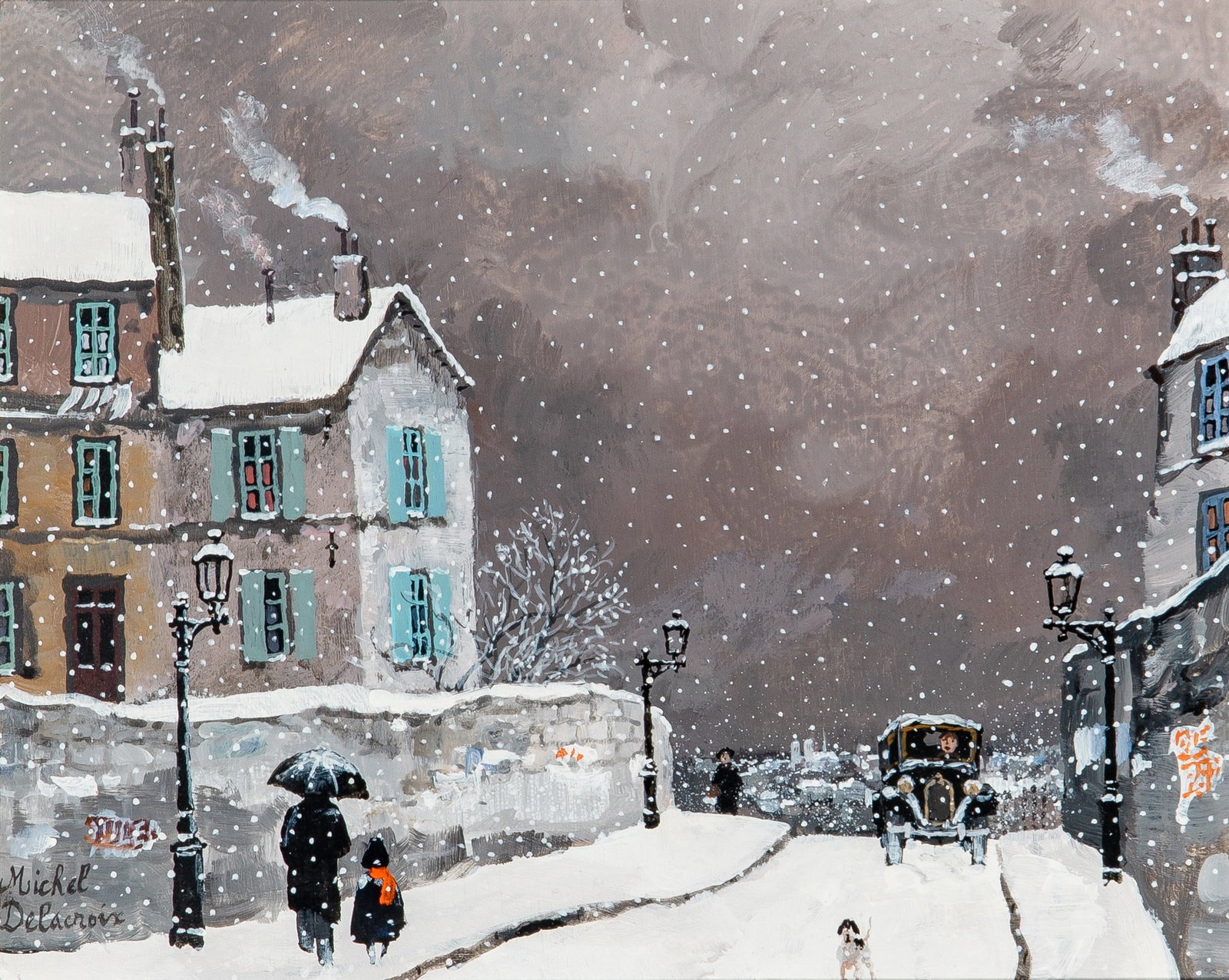 Michel Delacroix: French, b. 1933 Bourrasque de neige sur Montmartre Signed Michel Delacroix (ll) Acrylic on board 10 3/4 x 8 3/4 inches (27.5 x 22.3 cm) Provenance: Axelle Fine Arts, New York