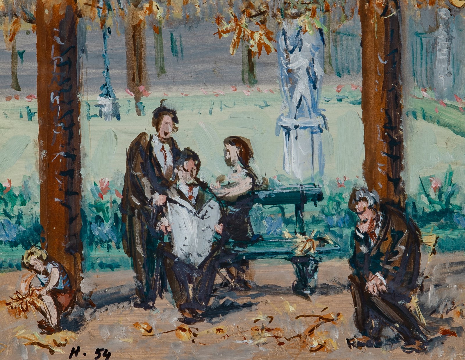 Jean Helion: French, 1904-1987 Personnages au Banc, 1954 Initialed and dated H 54 (ll) Gouache on paper mounted on wood Sight 8 x 10 inches (20.3 x 25.4cm) Provenance: Galerie Marwan Hoss, Paris, Jan. 2005