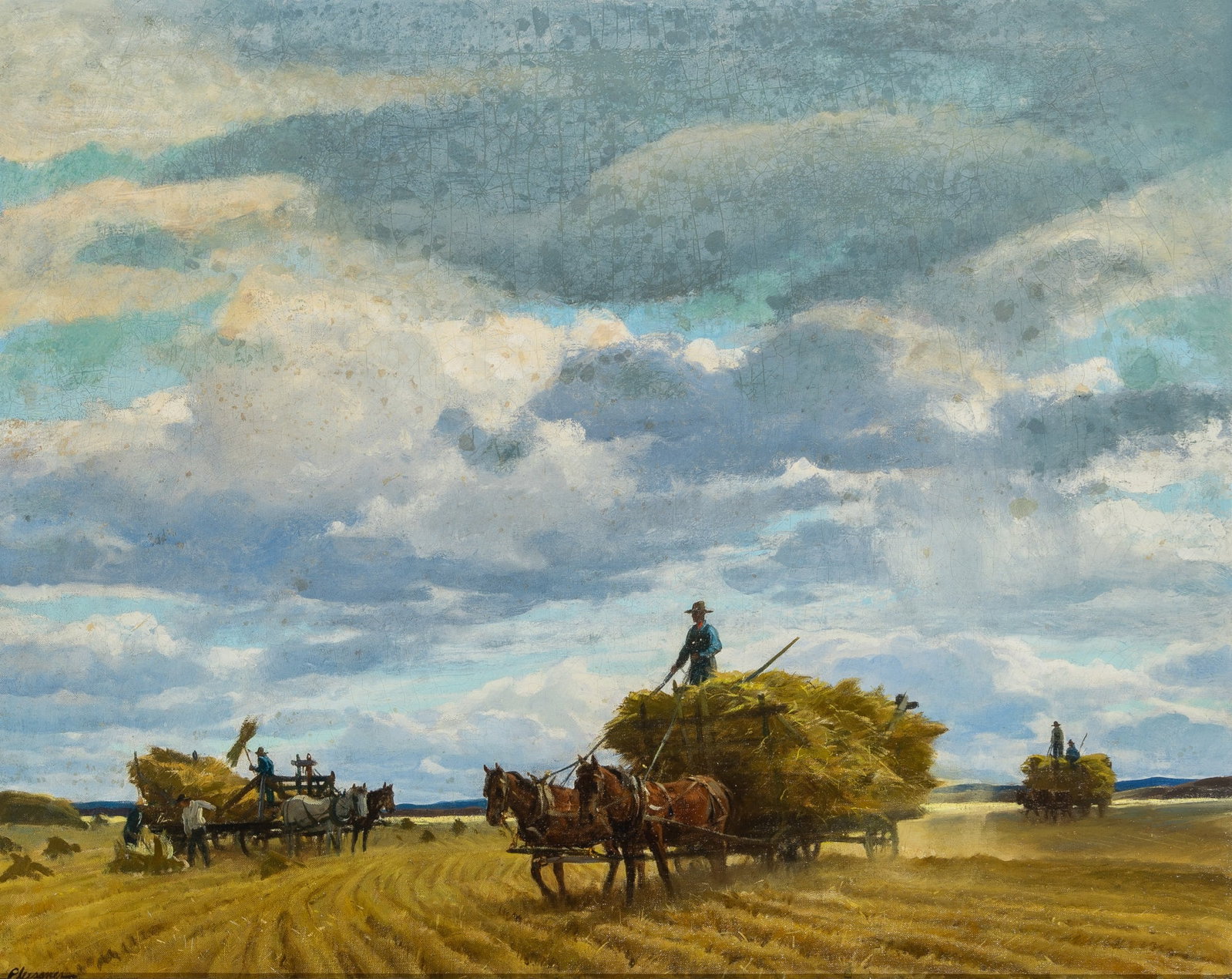 Ogden Minton Pleissner: American, 1905-1983 Gathering Hay Signed Pleissner (ll) Oil on canvas 24 x 30 1/4 inches (60 x 76.8 cm) (Framed 31 1/4 37 1/2 inches)
