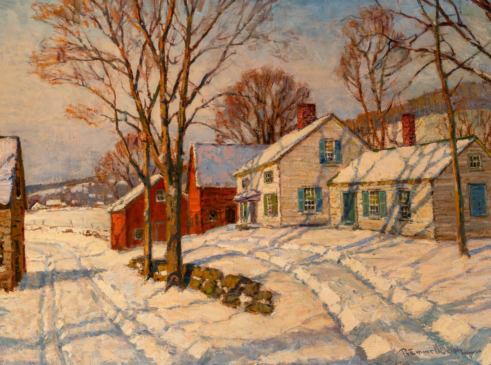 Robert Emmett Owen: American, 1878-1957 Winter in Connecticut Signed R. Emmett Owen (lr) Oil on canvas 30 x 40 inches (76.2 x 101.6 cm) (Framed 39 3/4 x 49 1/2 inches)