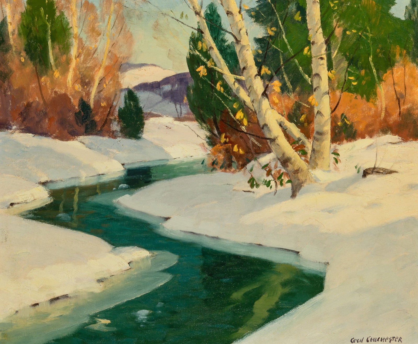 Cecil Chichester: American 1891-1963 Stream in Winter Signed Cecil Chichester (lr) Oil on canvas 20 1/8 x 24 inches (51.1 x 61 cm) (Framed 26 1/4 x 30 1/4 inches)