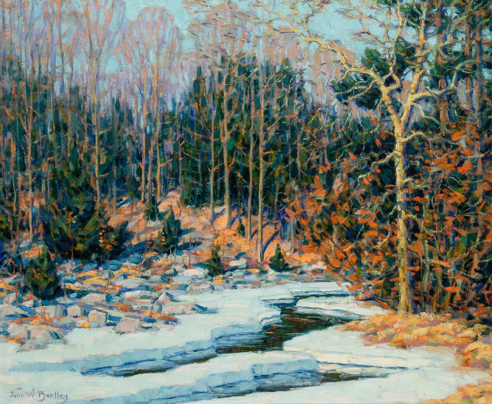 John William Bentley: American, 1880-1951 Untitled Landscape Signed John W. Bentley (ll) Oil on canvas 24 1/2 x 29 1/4 inches (62.2 x 74.3cm) (Framed 30 3/4 x 35 1/2 inches)