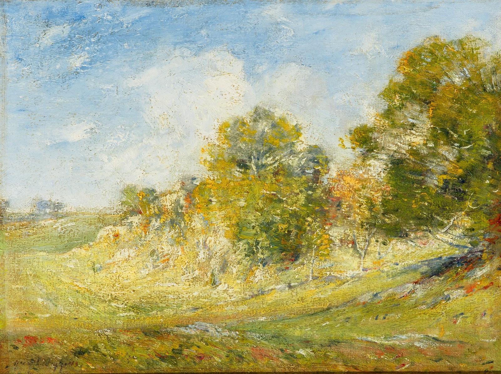 Guy Carleton Wiggins: American, 1883-1962 October Landscape Signed Guy Wiggins (ll); signed Guy Wiggins and inscribed ... October on the reverse Oil on canvas 12 x 16 inches (30.5 x 40.6 cm) (Framed 20 x 24 inches)