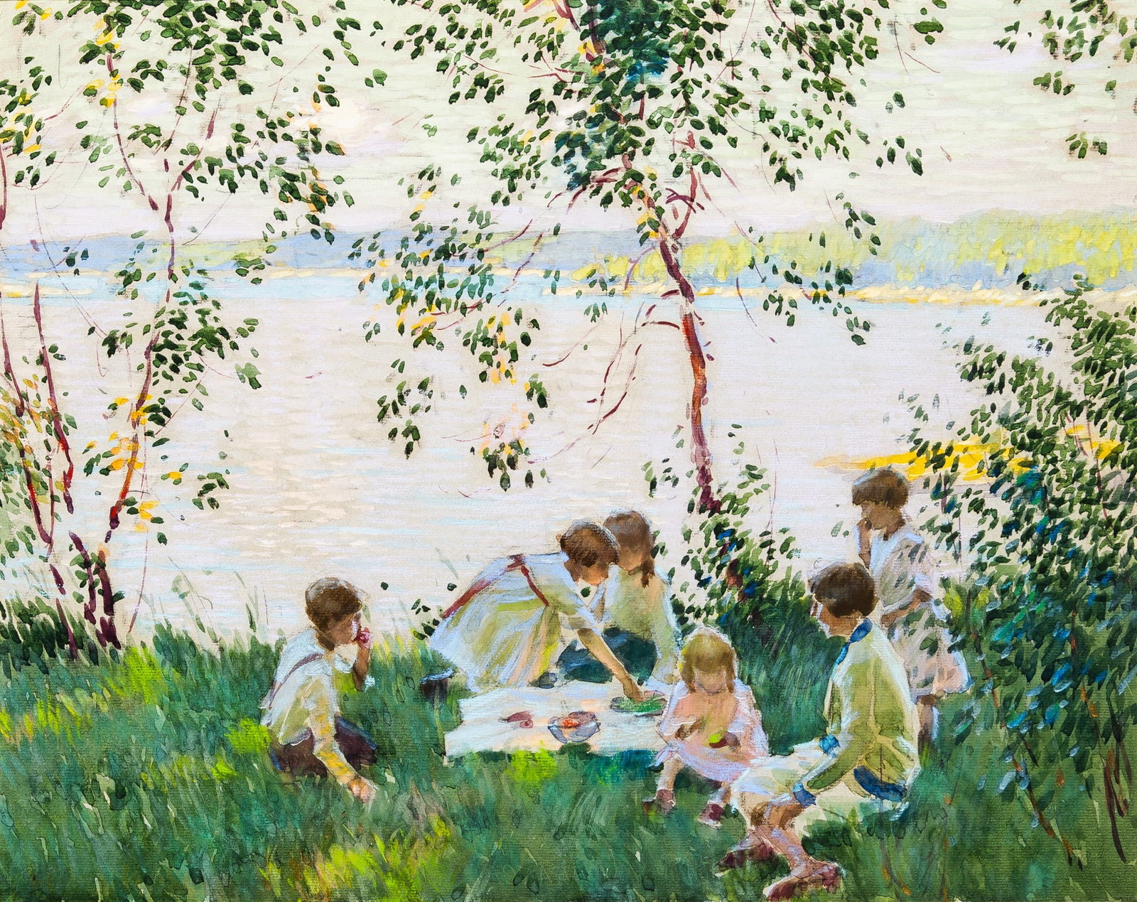 Edward Dufner: American 1872-1957 Picnic by the Lakeshore Watercolor and gouache on paper 18 x 23 3/4 inches (45.7 x 60.3 cm) This work is accompanied by Edward Duffner's certificate of entrance into the National