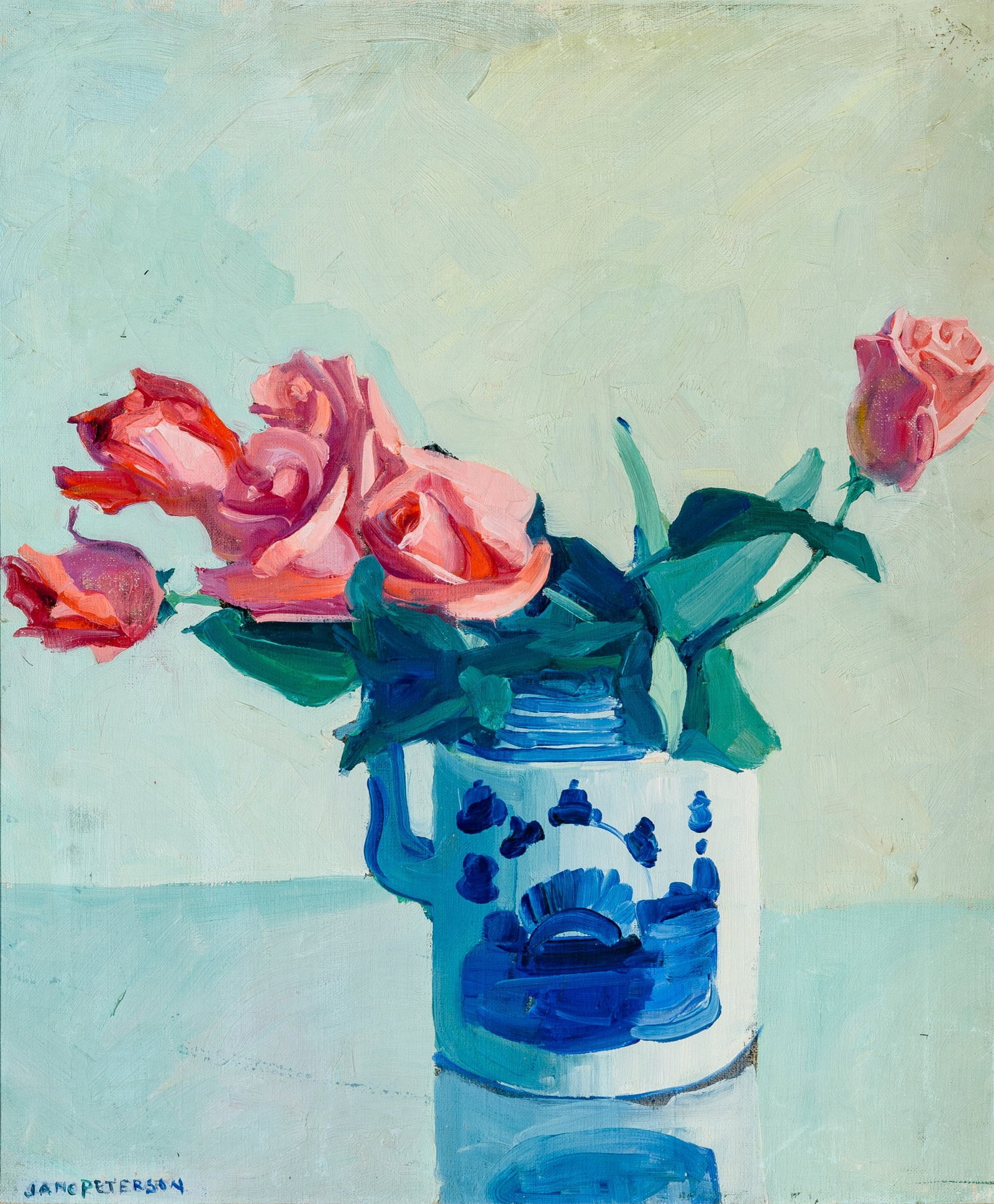 Jane Peterson: American, 1876-1965 Still Life of Roses in a Delft Vase Signed Jane Peterson (ll) Oil on canvas 24 x 20 inches (61 x 50.8 cm) (Frame 29 x 25 inches)