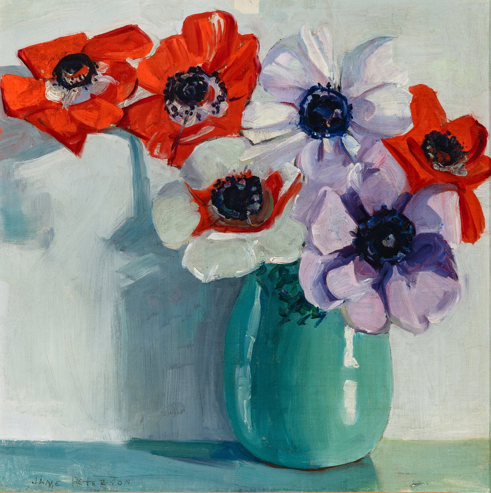 Jane Peterson: American 1876-1965 Floral Still Life Signed Jane Peterson (ll) Oil on canvas 18 x 18 inches (45.7 x 45.7 cm) (Framed 19 1/4 x 19 1/4 inches)