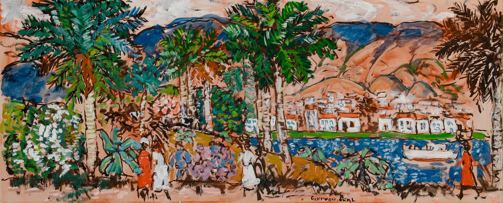 Gifford Beal: American 1879-1956 Harbor in the Tropics, Haiti, 1954 Signed Gifford Beal (lr) Oil on canvas 20 x 48 inches (50.8 x 121.9 cm) Provenance: Kraushaar Galleries, New York Exhibited: New York, NY,