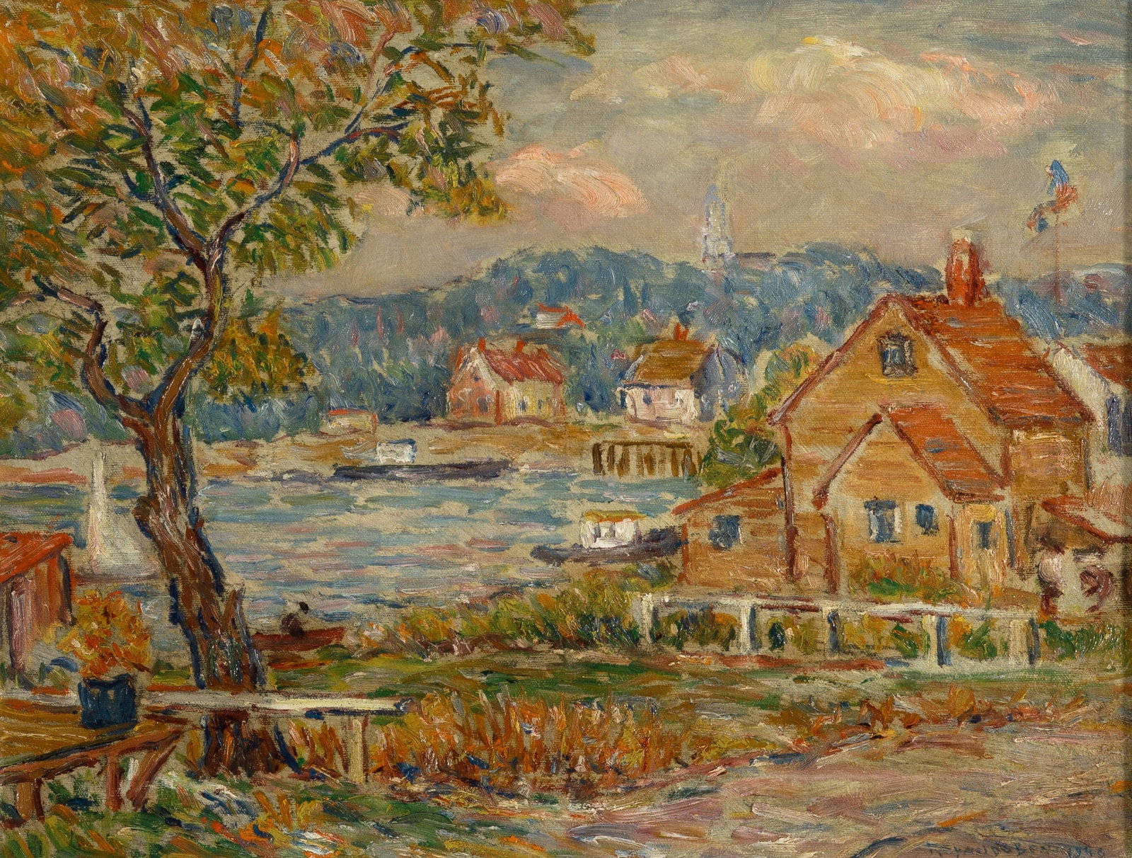Reynolds Beal: American, 1866-1951 Rockport, 1948 Signed Reynolds Beal and dated 1948 (lr); signed Reynolds Beal, dated 1948, and inscribed as titled on the stretcher bar Oil on canvas 15 1/4 x 20 inches (Framed 24