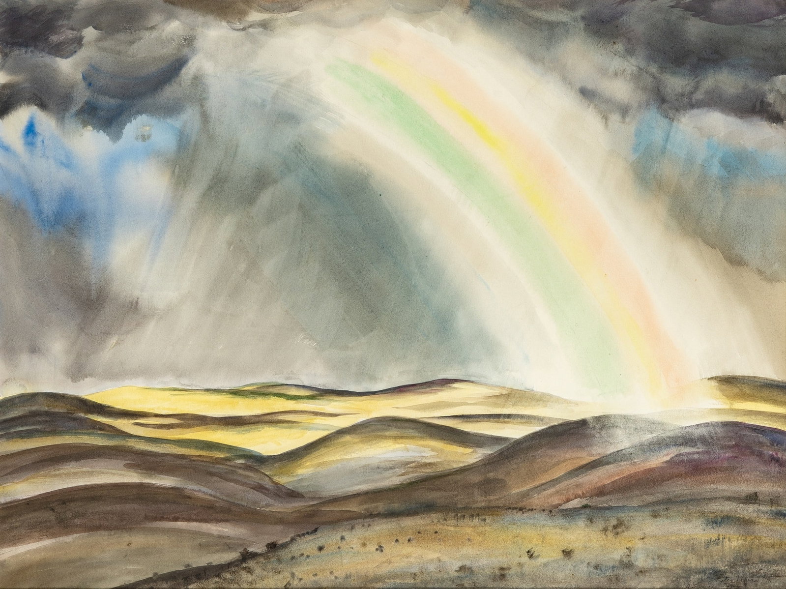 Peter Hurd: American, 1904-1984 A Summer Storm Signed Peter Hurd and inscribed as titled (lr); signed Peter Hurd and inscribed A Summer Shower, and numbered PH-215 on the reverse Watercolor on paper 17 1/8 x 22