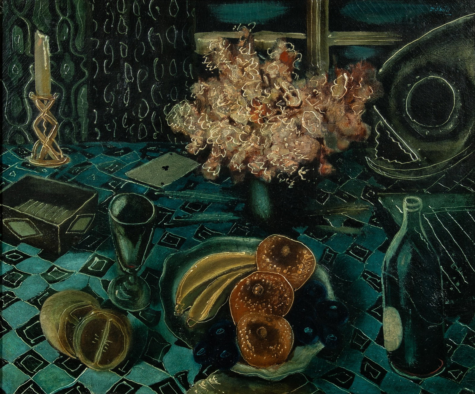 Daniel O'Neill: Irish, 1920-1974 Still Life with Fruit, Flowers, and a Bottle Signed D. O'Neill (ur) Oil on canvas 20 x 24 inches (51 x 61 cm) Provenance: Sale, Sotheby's, June 1995 Acquired from the above by the