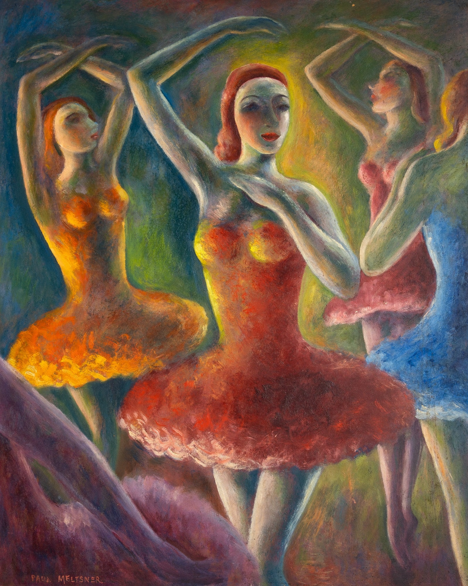 Paul Raphael Meltsner: American, 1905-1966 Dancers Signed PAUL MELTSNER (ll) Oil on Masonite 29 3/4 x 24 inches (75.5 x 61 cm) (Frame 35 1/2 x 29 3/4 inches)