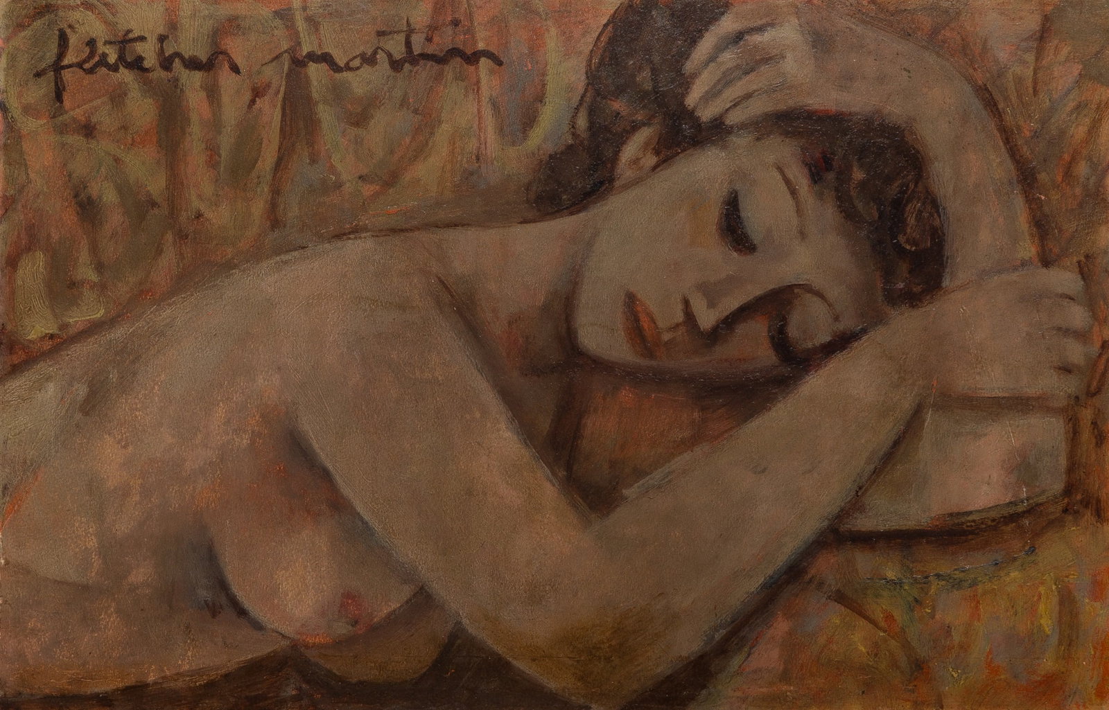 Fletcher Martin: American 1904-1979 Reclining Woman Signed Fletcher Martin (ul) Oil on Masonite 13 1/2 x 20 inches (34.3 x 50.8 cm) (Framed 19 1/2 x 26 1/2 inches)