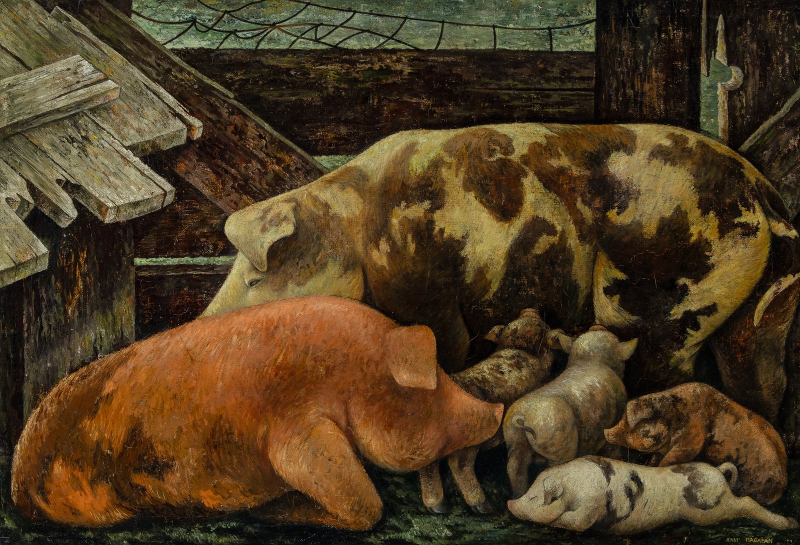 Jennie Magafan: American, 1916-1952 Pigs, 1938 Signed Jennie Magafan dated 38 (lr); signed Jennie Magafan, dated 1938, and inscribed as titled on the stretcher bar Oil on canvas 24 x 35 inches (61 x 88.9 cm)