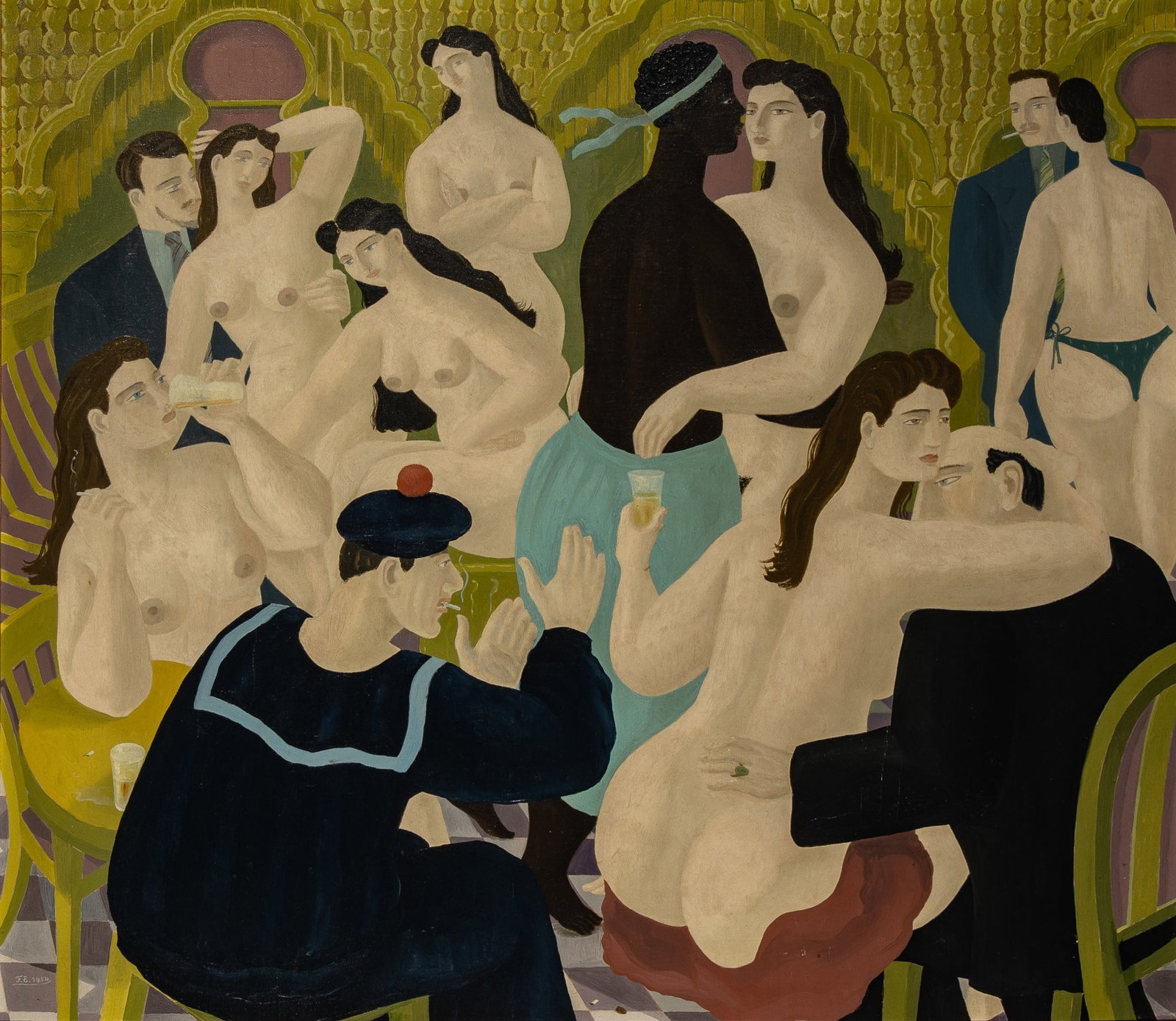 Ferdinand Erfmann: Dutch/Italian, 1901-1968 Soirée Initialed F. E. and dated 1954 (ll) Oil on canvas 27 3/8 x 31 3/4 inches (69.5 x 80.6 cm) (Framed 34 x 48 inches)