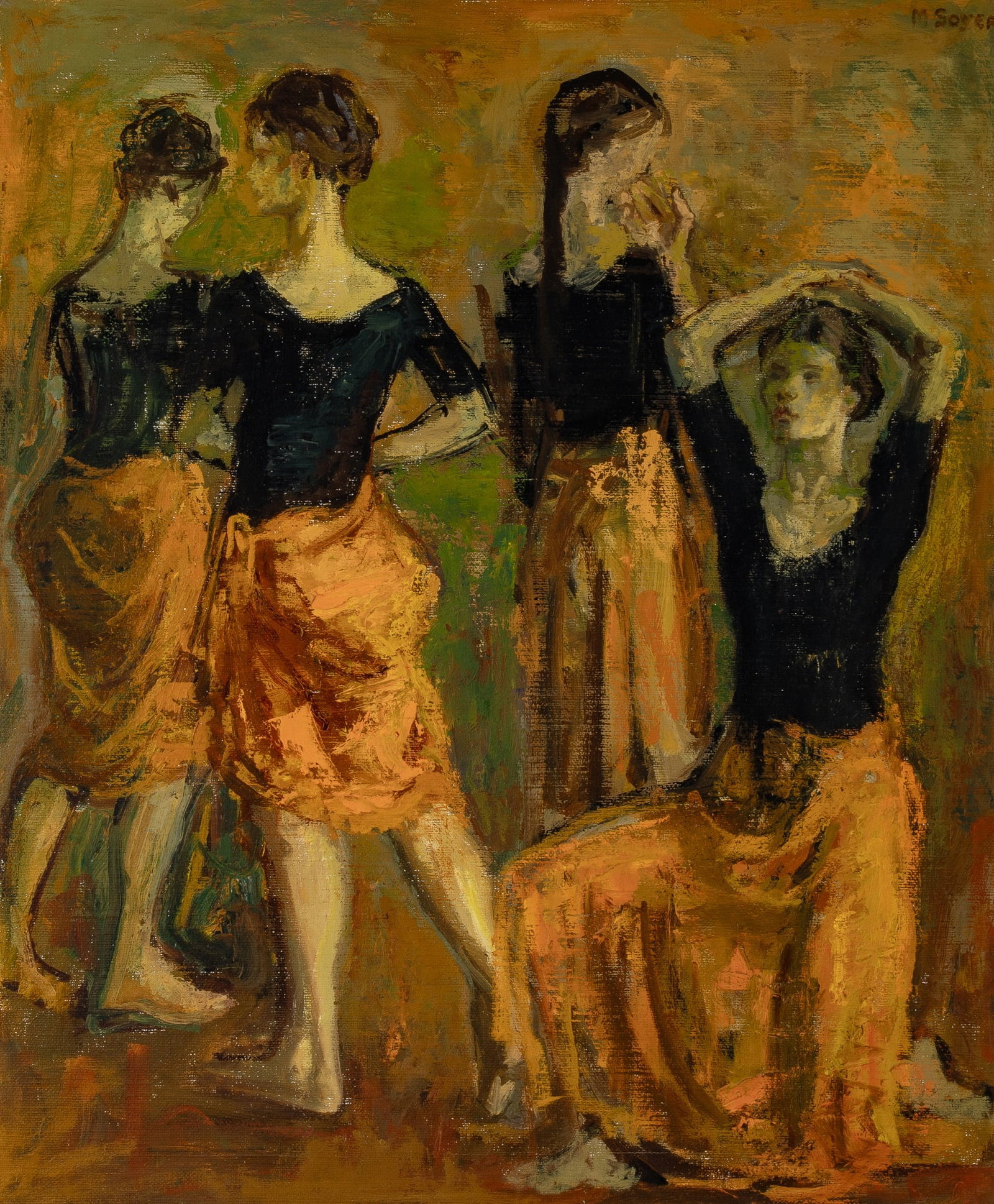 Moses Soyer: American, 1899-1974 Four Dancers in Orange Signed M. Soyer (ur) Oil on canvas 30 x 25 1/4 inches (76.2 x 64.13 cm) Provenance: ACA Galleries, New York (Frame 39 3/8 x 34 1/2 inches)