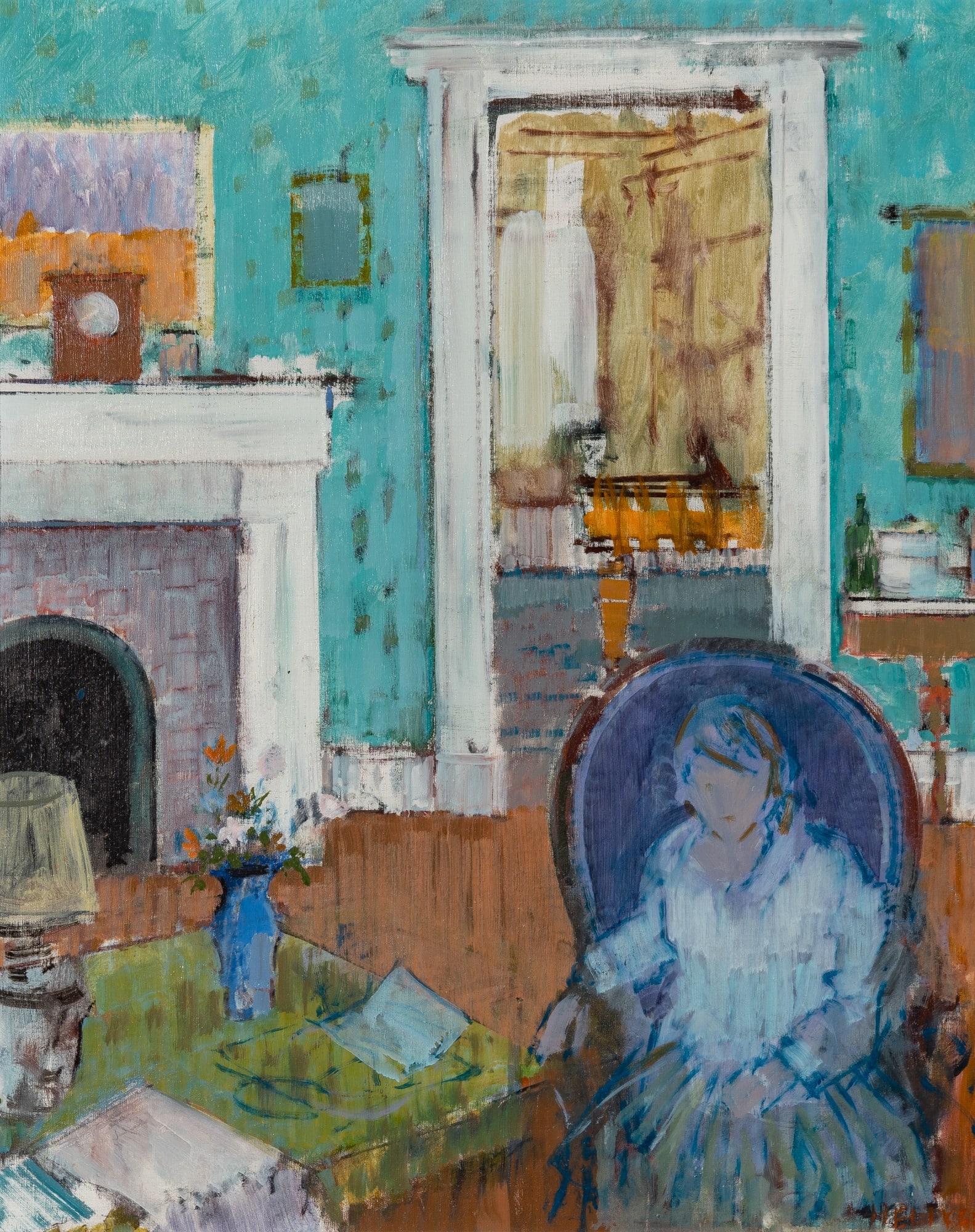 John Heliker: American, 1909-2000 Interior with Green Wall, circa 1980 Signed Heliker (lr) Oil on canvas 25 x 20 1/4 inches (63.5 x 51.4 cm) Provenance: Kraushaar Galleries, New York (Framed 30 x 25 inches)