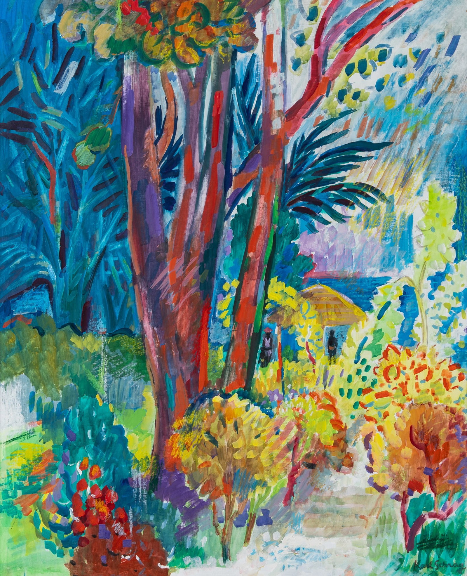 Karl Schrag: American, 1912-1995 Garden by the Sea with Figures, Jamaica, 1978 Signed Karl Schrag (lr) inscribed Garden by the Sea with Figures... on the reverse Gouache on board 32 x 26 inches (81.3 x 66 cm)