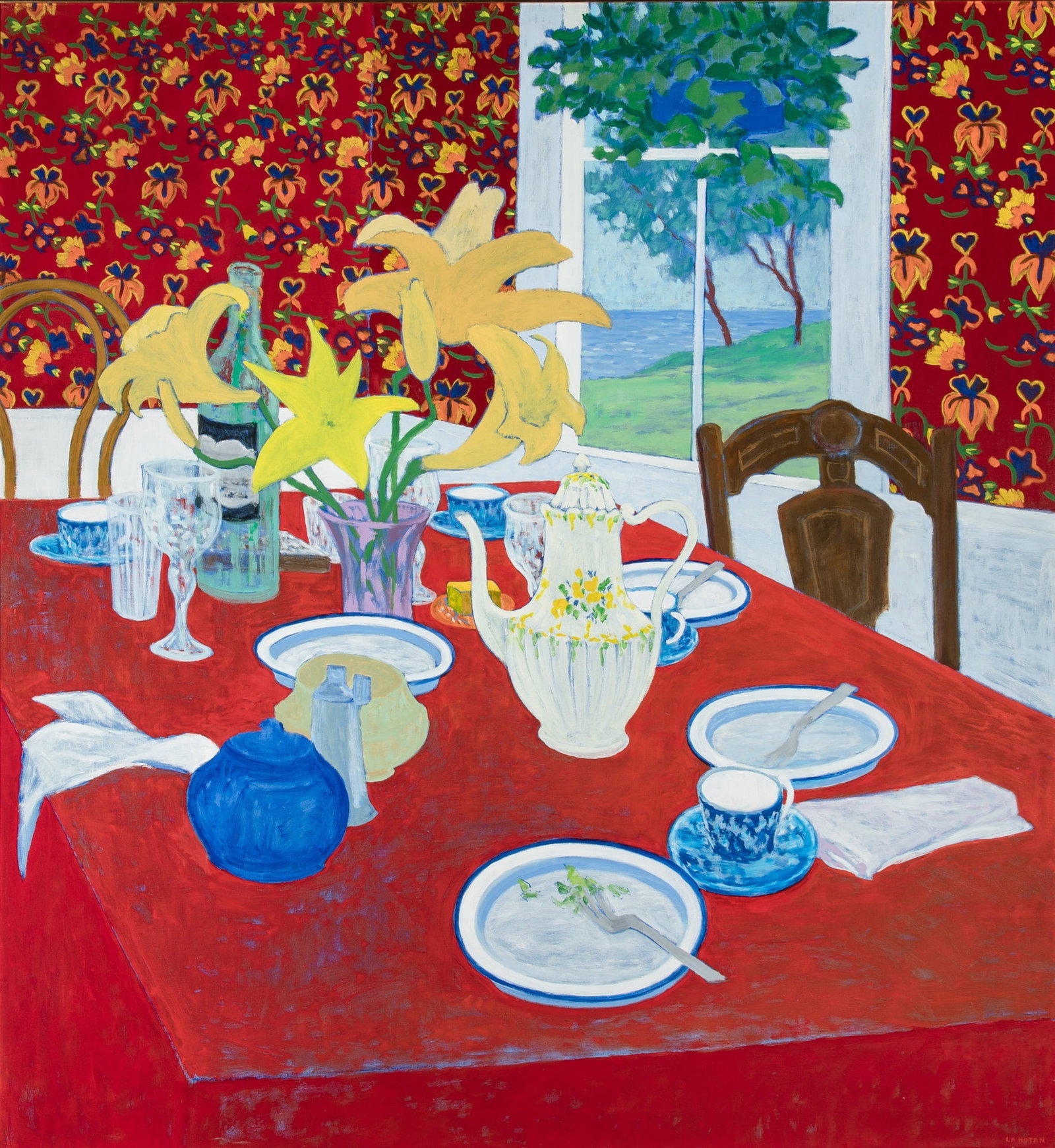 Robert Lewis Lahotan: American, 1927-2002 Red Still Life Signed Lahotan (lr) Oil on canvas 52 x 48 inches (132.1 x 121.9 cm) Provenance: Kraushaar Galleries, New York Exhibited: New York, NY, Kraushaar Galleries, Inc.,