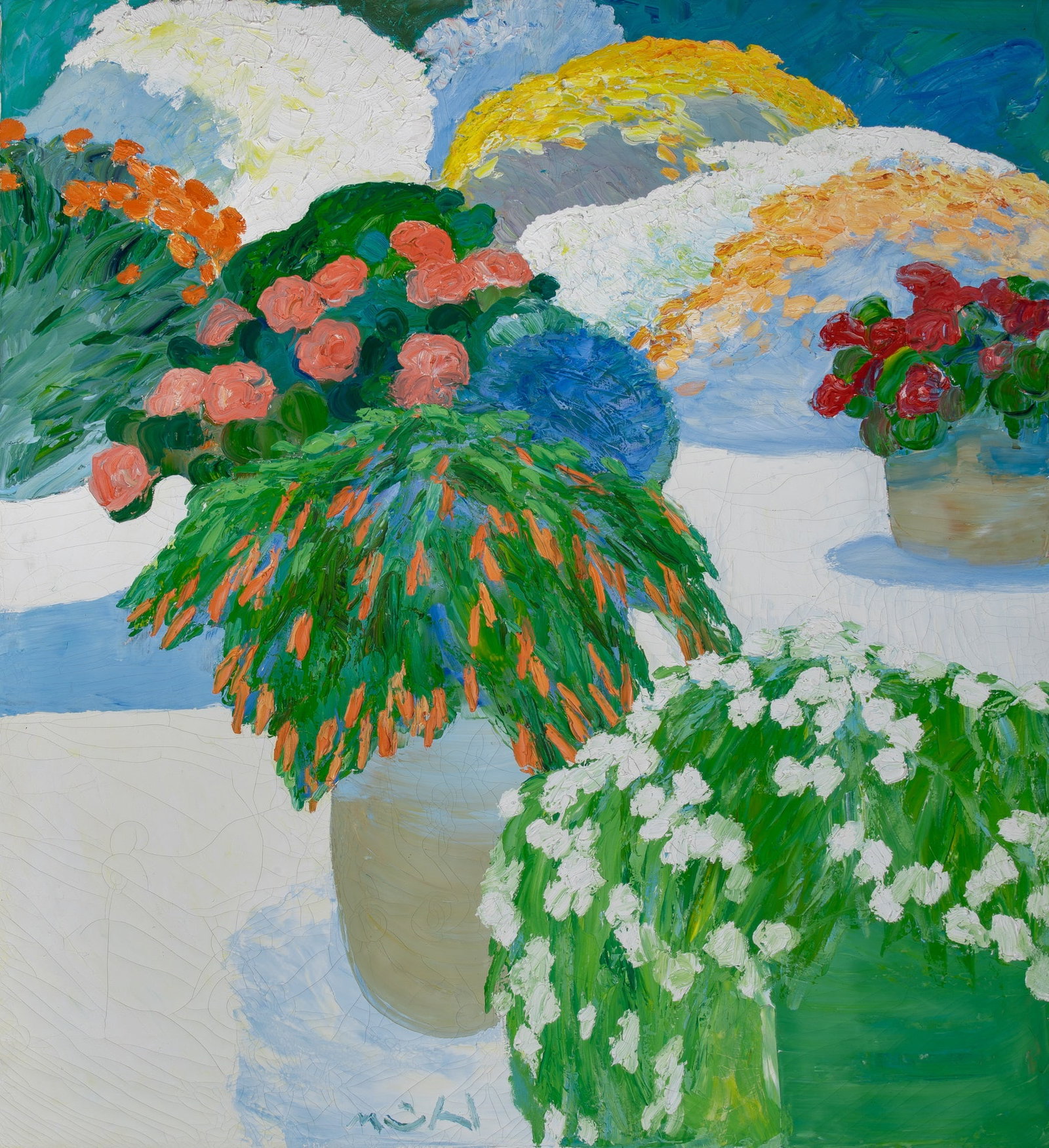 Roger Muhl: French, 1929-2008 Les pots de fleurs Signed Muhl (lc) Oil on canvas 47 1/4 x 43 1/4 inches (120 x 110cm) (Framed 51 1/4 x 47 1/2 inches)