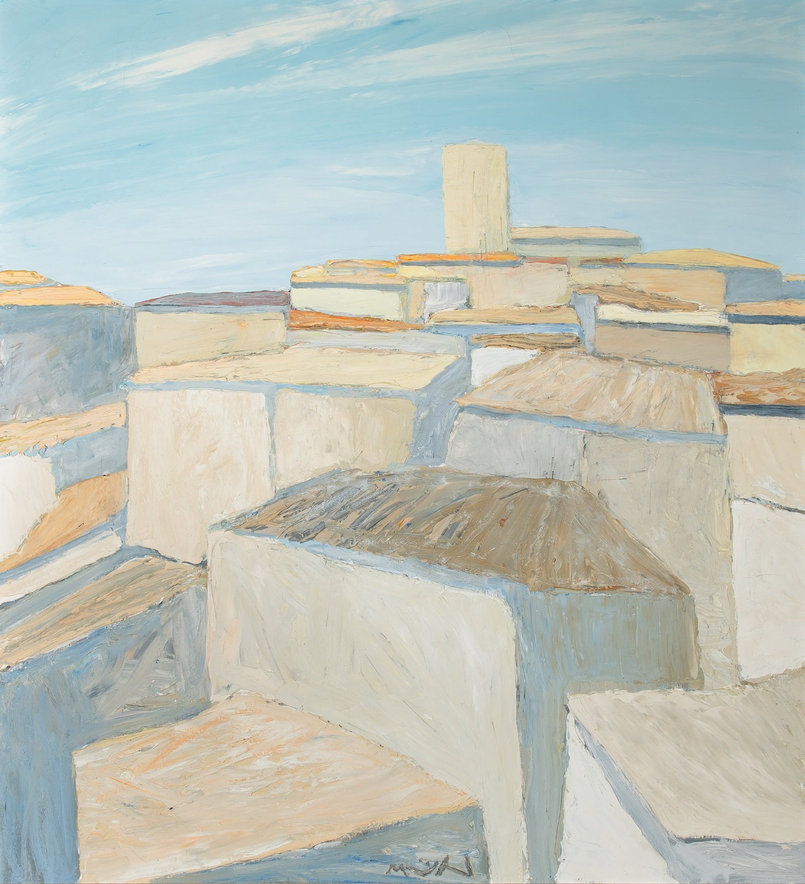 Roger Muhl: French, 1929-2008 Le Village Signed Muhl (lc) and inscribed Le Village on the verso Oil on canvas 47 x 42 3/4 inches (119.4 x 108.6cm) (Framed 54 1/2 x 50 1/2 inches)