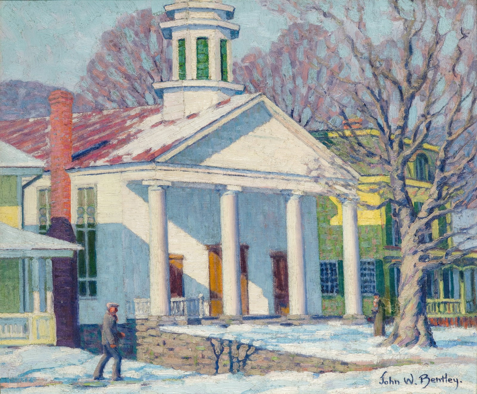 John William Bentley: American 1880-1951 Dutch Reformed Church, Woodstock, NY Signed John W. Bentley. (lr) Oil on canvas 20 x 24 1/4 inches (50.8 x 61.6 cm) (Framed 23 1/4 x 27 1/4 inches) Craquelure; a few spots of