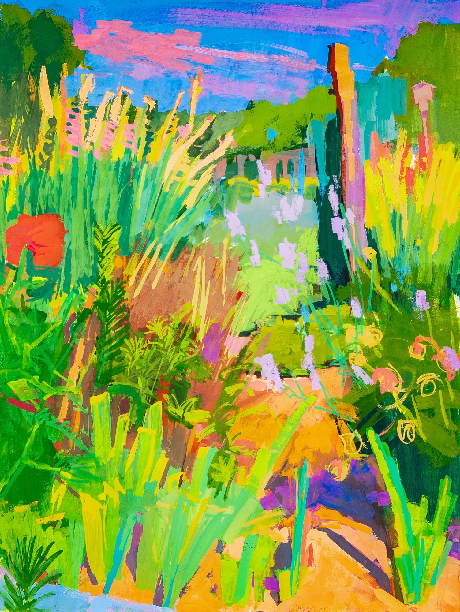 Catherine Drabkin: American, b. 1959 Flowers and a Path Next to Ken’s Garden Signed DRABKIN (lr) Gouache on paper 16 1/4 x 12 1/4 inches (41.3 x 31.1 cm) Provenance: Kraushaar Galleries, New York
