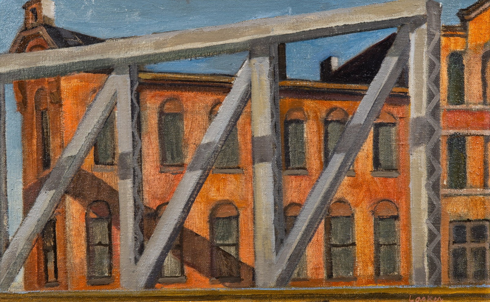 Joe (Joseph Leon) Lasker: American, 1919-2015 Railroad Bridge Signed Lasker (lr) Oil on canvas 10 x 16 1/8 inches (25.4 x 41 cm) Provenance: Kraushaar Galleries, New York (Frame 13 3/4 x 19 3/4 inches)