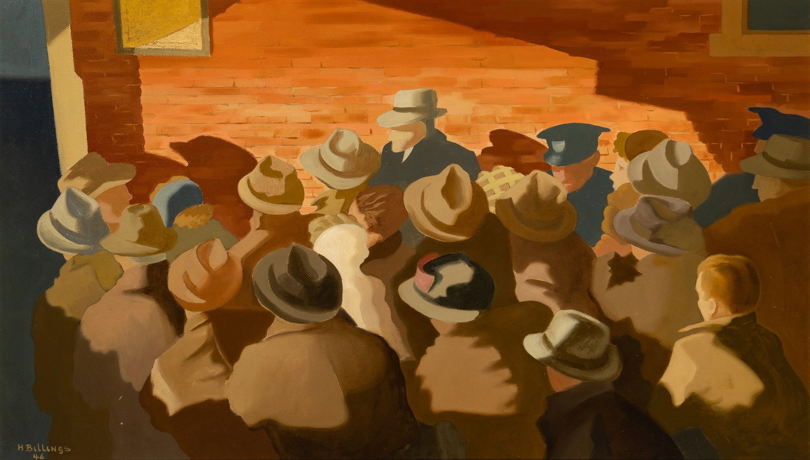 Henry Billings: American, 1901-1985 On the Line, 1946 Signed and dated H Billings 46 (11) Tempera on Masonite 22 x 38 inches (55.9 x 96.5 cm) Provenance: Midtown Galleries, New York Salander-O'Reilly Galleries, New