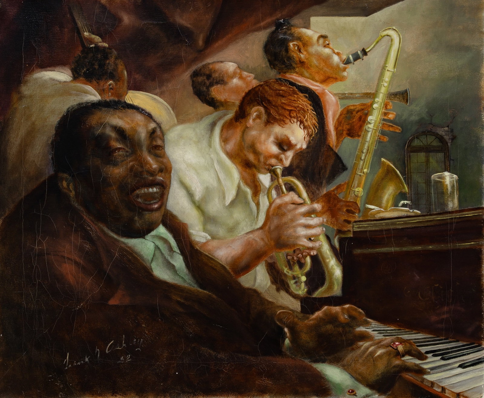 Frank Nelson Ashley: American, 1920-2007 Jazz Scene, 1952 Signed Frank N Ashley and dated 52 (ll) Oil on canvas 25 3/4 x 31 inches (65 x 78.7 cm) (Framed 35 1/2 x 40 1/4 inches)