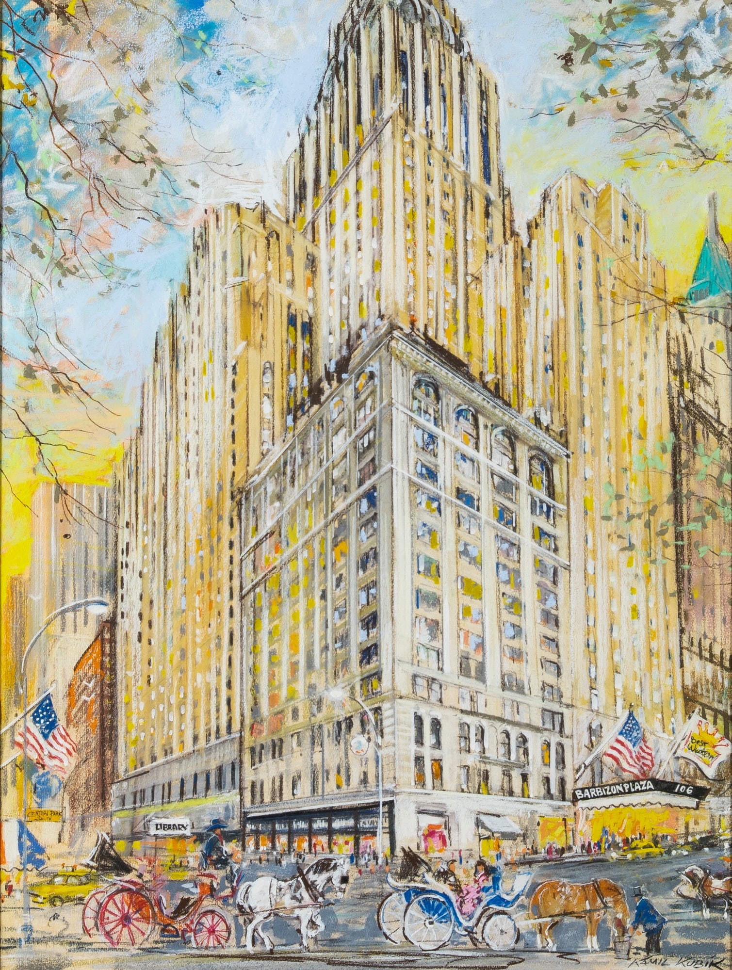 Kamil Kubik: Czechoslovakian, 1930-2011 Barbizon Plaza Signed Kamil Kubik (lr) Pastel on paper Signed 25 x 19 inches (63.5 x 48.3 cm) (Framed 38 1/4 x 32 inches) Not examined out of the frame. Appears to be in