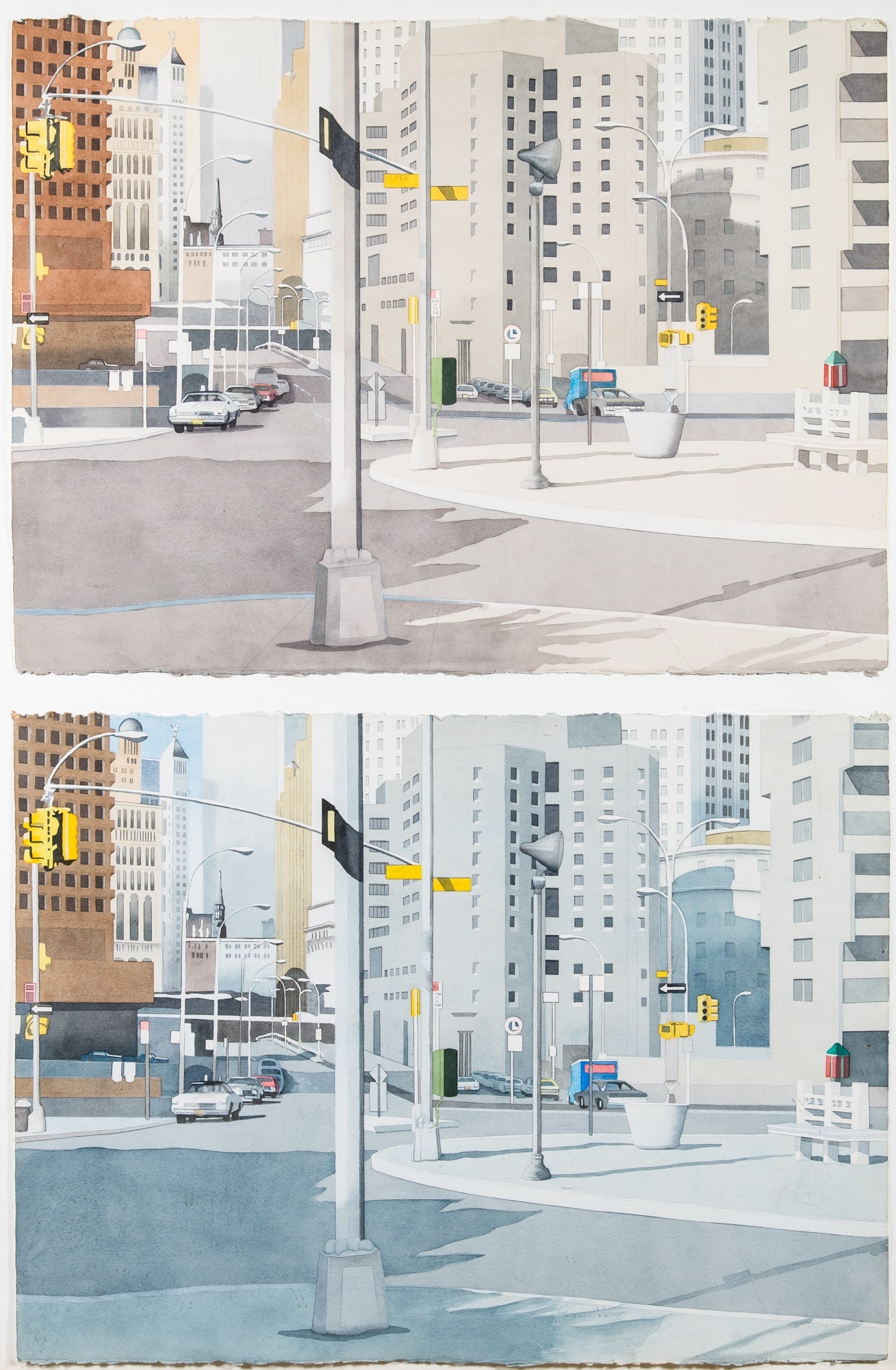 20th Century School: Street Scenes: Two, framed as one Watercolor and graphite on paper Each 22 1/4 x 30 inches (56.5 x 76.2 cm) (Framed 49 3/4 x 34 inches)