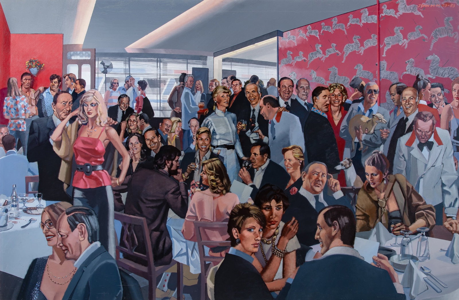 John H. Howard: American, b. 1940 Untitled (At a Party), 1979-83 Signed JOHN H. H. and dated 79-83 Oil on canvas 48 x 72 inches (122 x 183 cm) (Framed 49 x 73 inches)