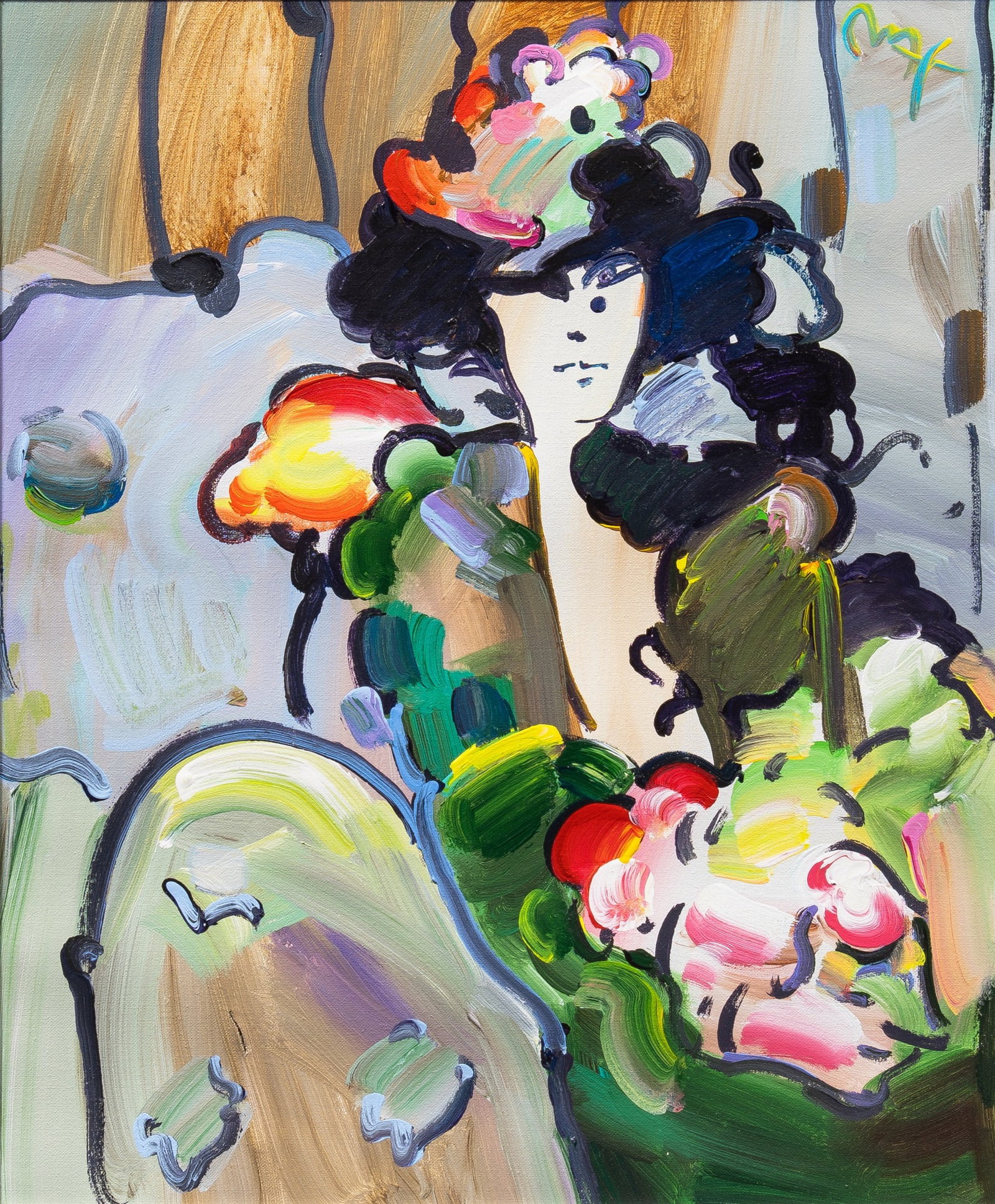 Peter Max: American, b. 1937 Portrait of a Woman Signed Max (ur) Acrylic on canvas 24 x 19 7/8 inches (61 x 50.5 cm) (Frame 37 x 33 inches) Small tear in the lower left quadrant.