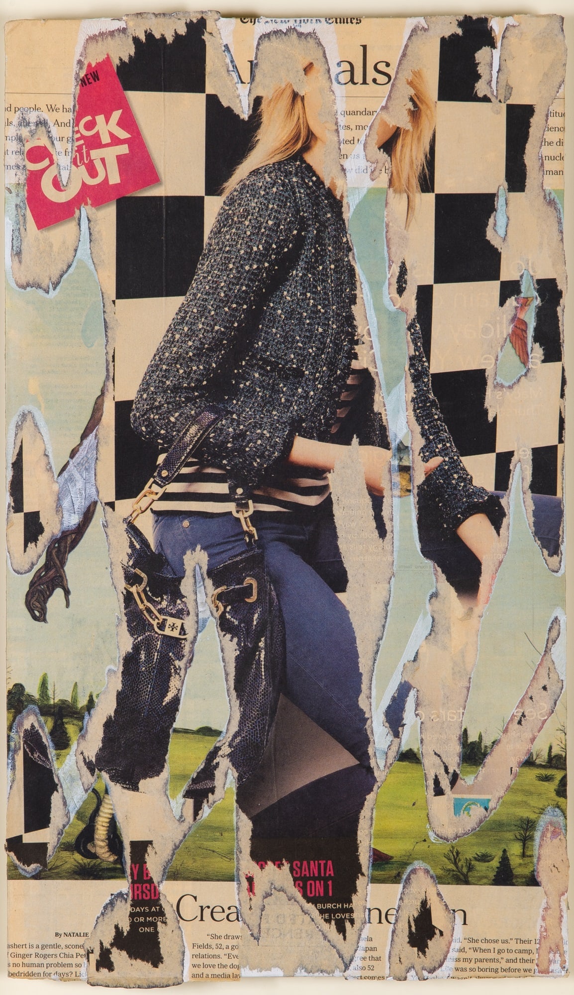 Contemporary School: Untitled, 2011 Signed illegibly and dated 2011 on the reverse Mixed media collage 17 3/4 x 10 1/2 inches (45.1 x 26.7 cm) (Framed 22 3/4 x 15 1/4 inches)