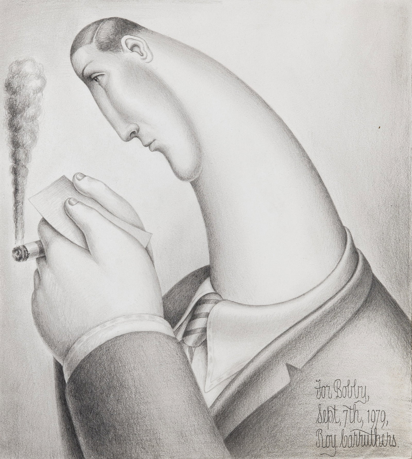 Roy Carruthers: South African, 1938-2013 Smoker with Note, 1979 Signed, dated, and dedicated For Bobby, / Sept. 7th, 1979, / Roy Carruthers (lr) Graphite on paper 11 5/8 x 10 1/2 inches (29.5 x 26.7 cm) Unframed